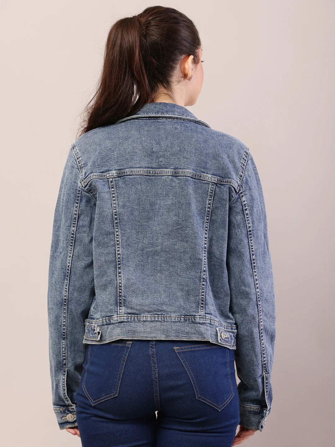 Women blue cotton denim shirt collar jacket - Image 4
