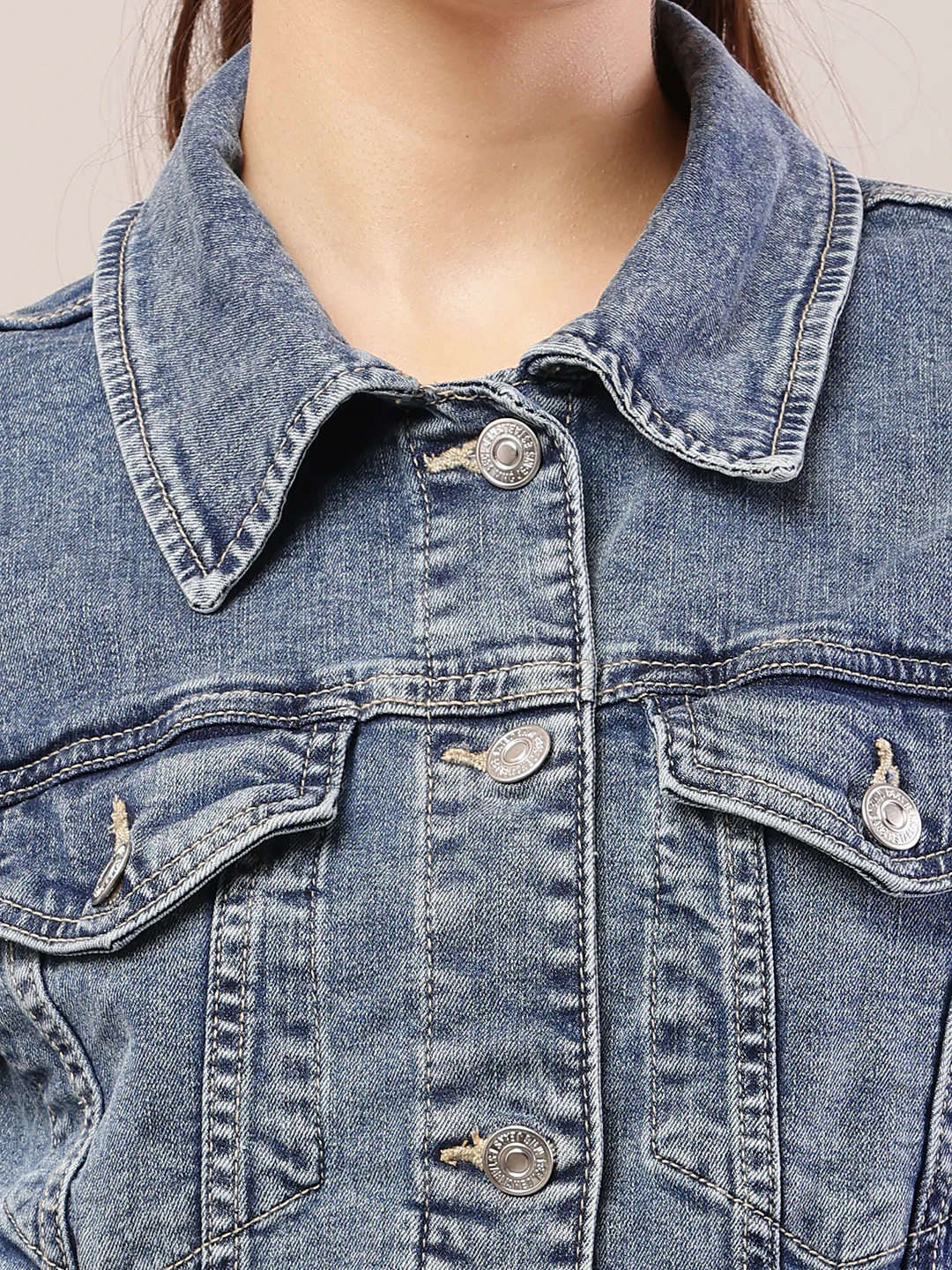 Women blue cotton denim shirt collar jacket - Image 5