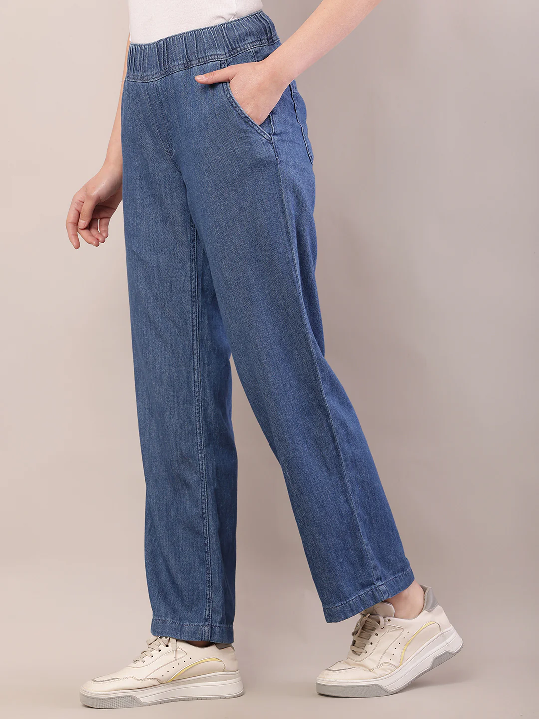 Women blue cotton elastic waist trousers - Image 2