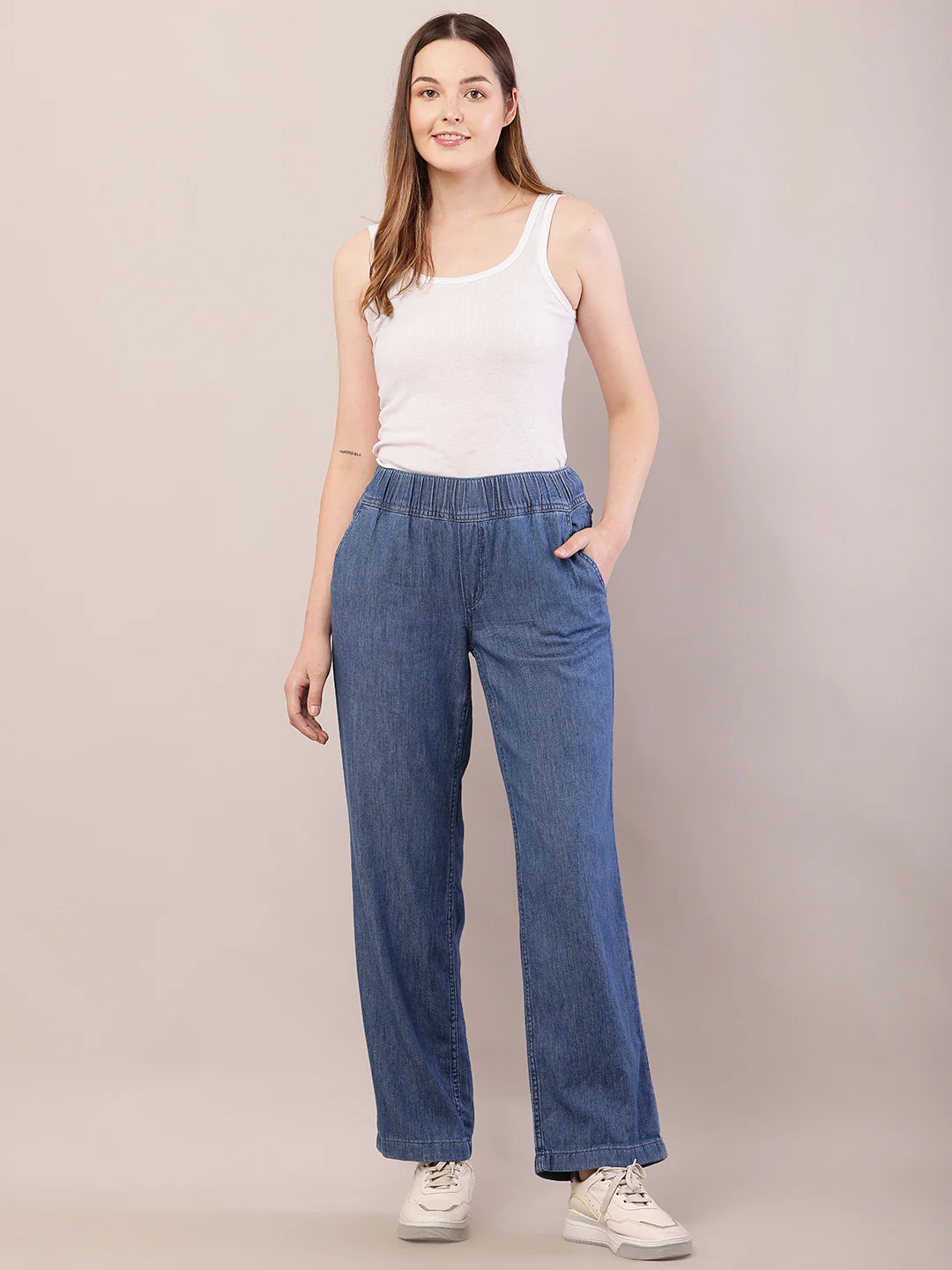 Women blue cotton elastic waist trousers - Image 3