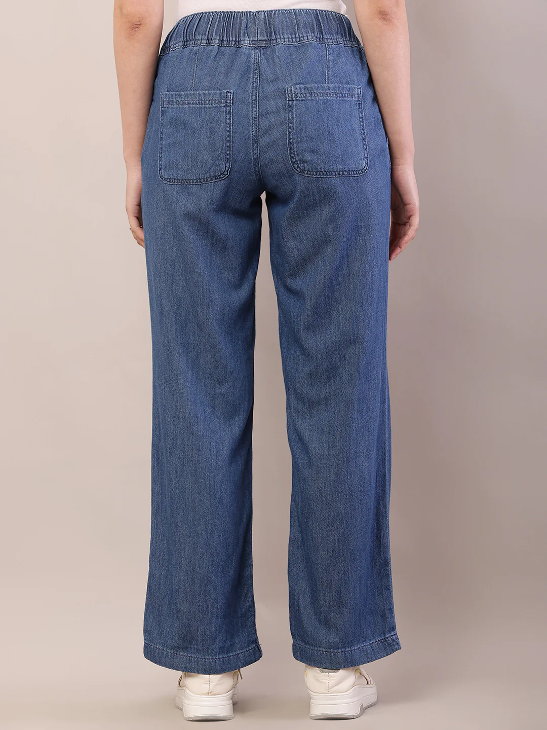 Women blue cotton elastic waist trousers - Image 4