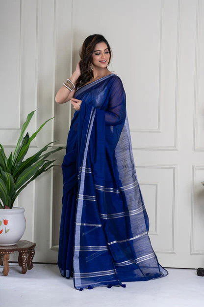 Women Blue Cotton Silk Sequence Saree - Image 3