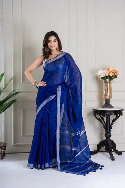 Women Blue Cotton Silk Sequence Saree - Image 4