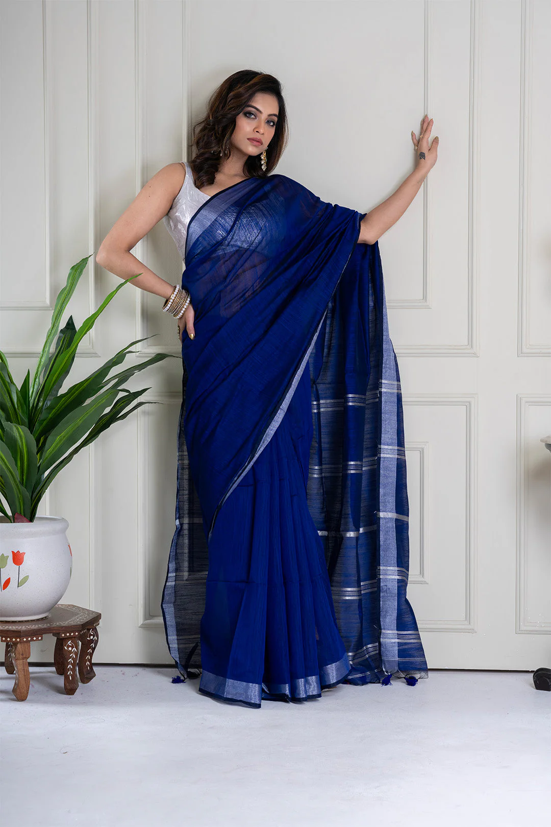 Women Blue Cotton Silk Sequence Saree - Image 5