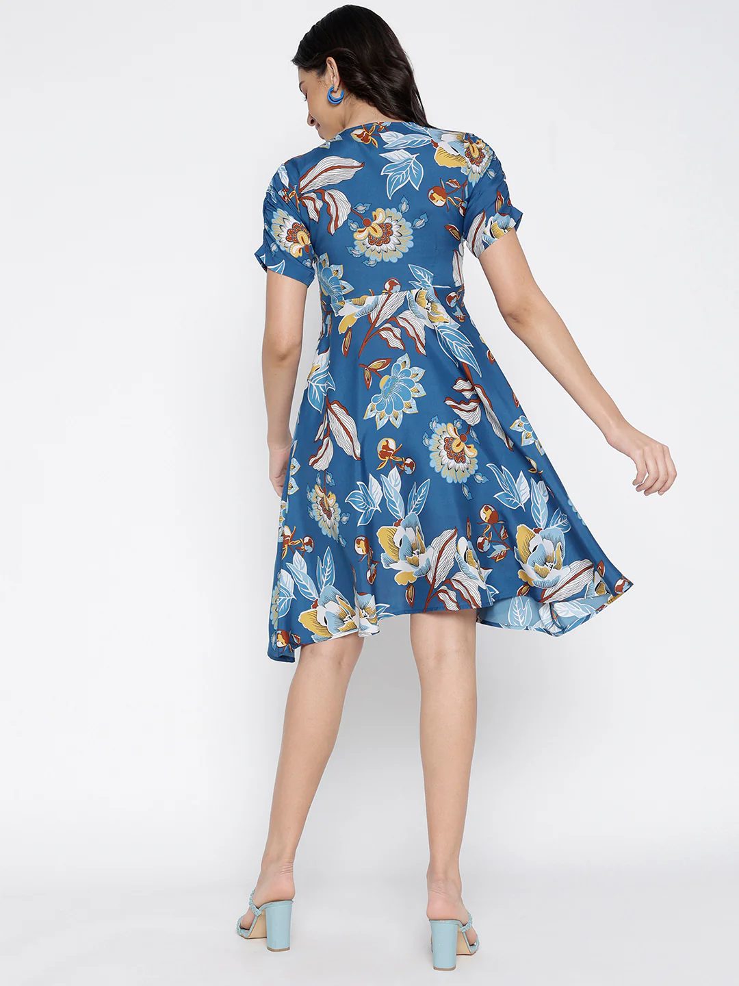 Women Blue Crepe Floral Mini Chic Dress - Image 2