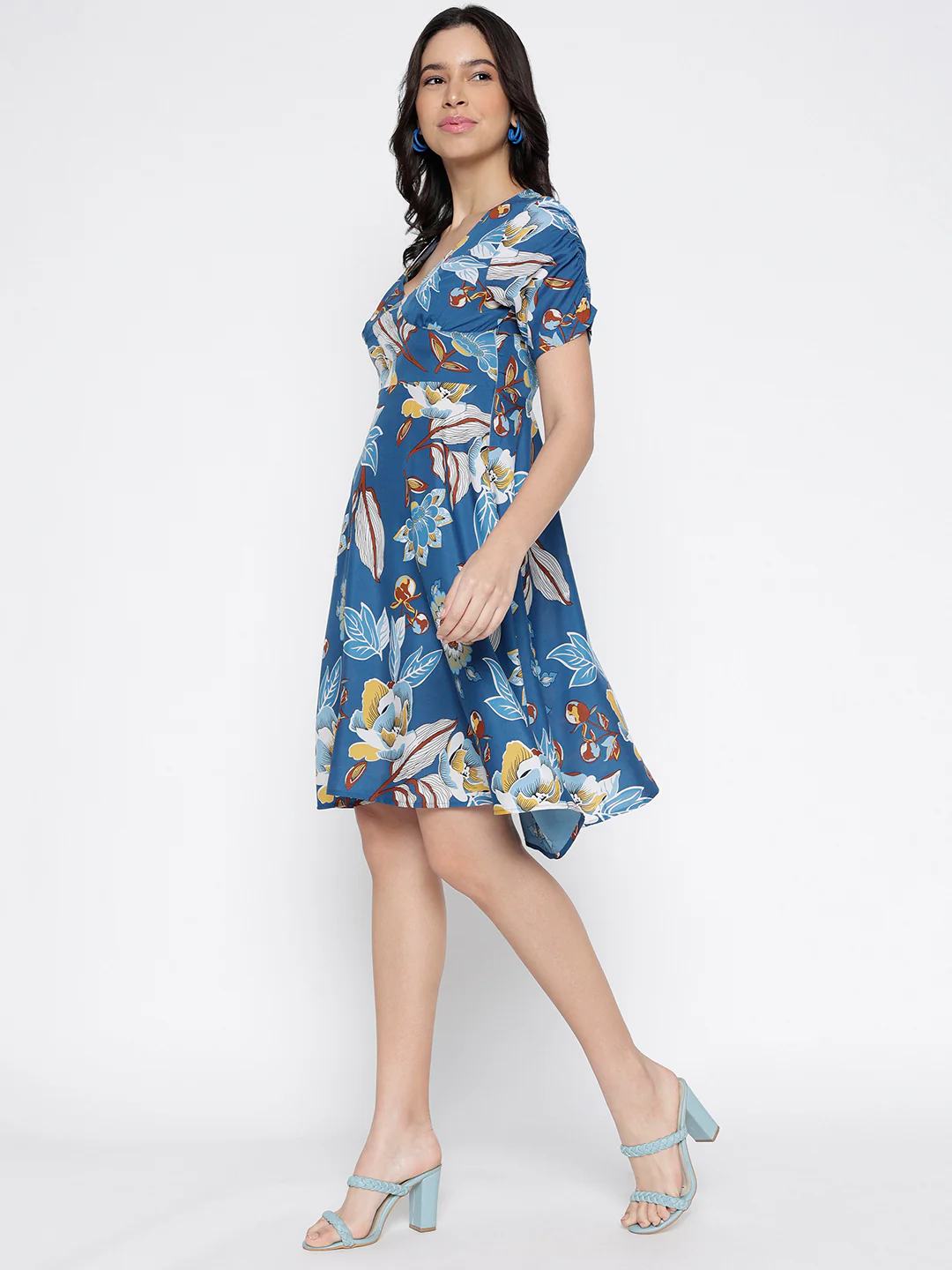 Women Blue Crepe Floral Mini Chic Dress - Image 3