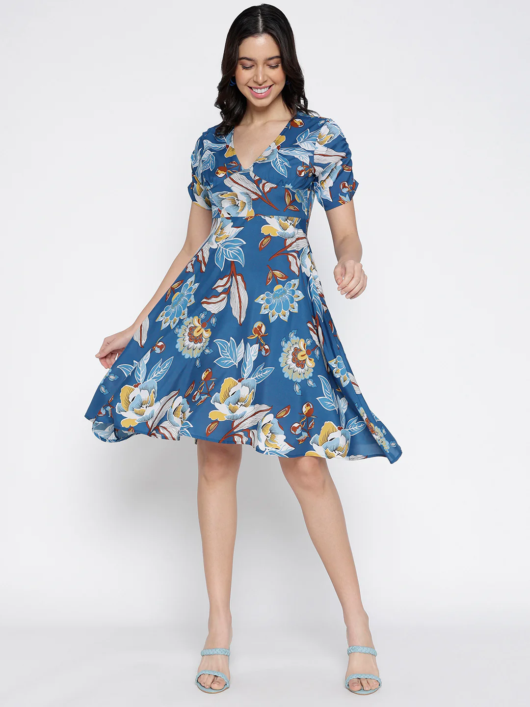 Women Blue Crepe Floral Mini Chic Dress - Image 4