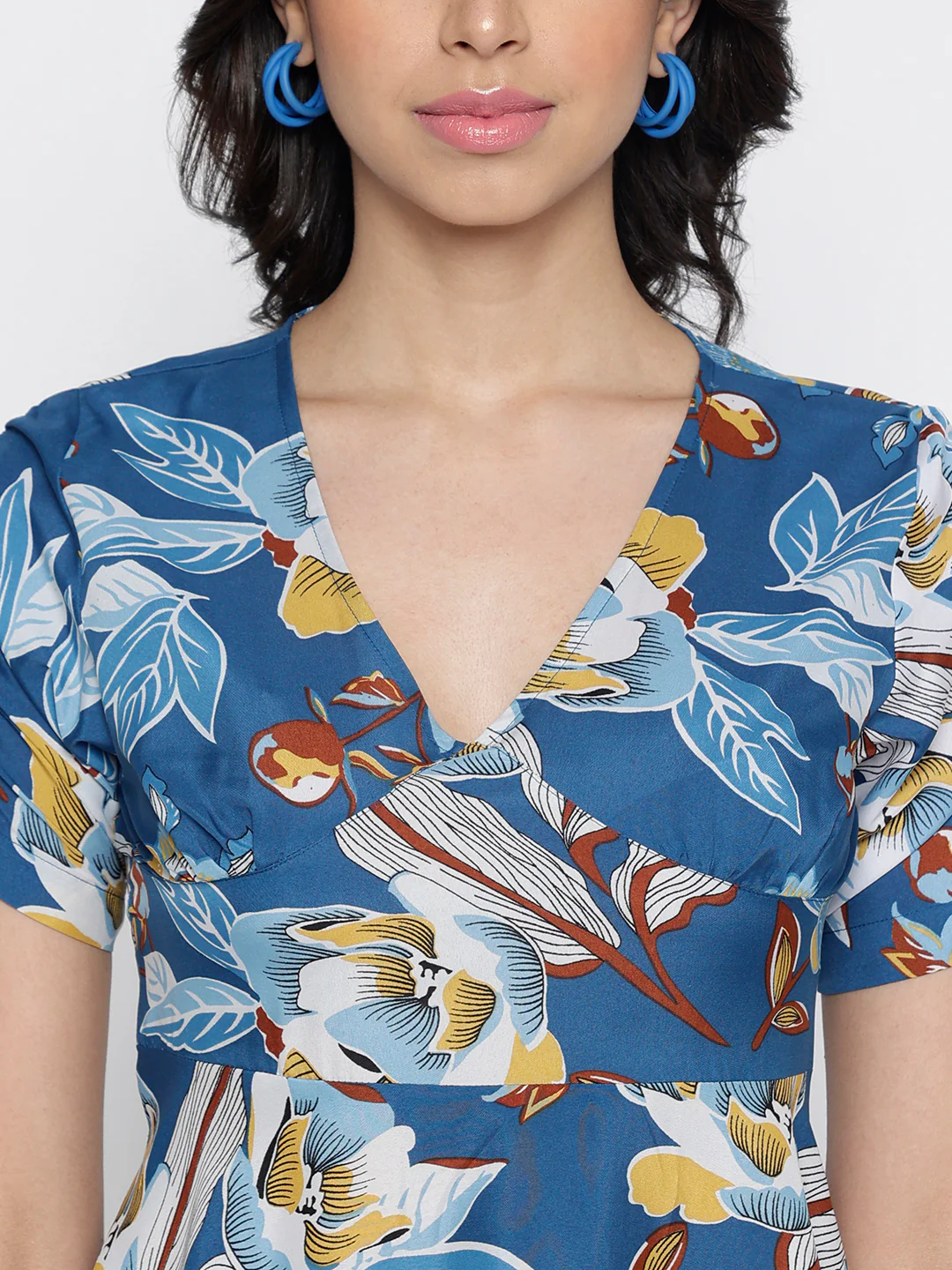 Women Blue Crepe Floral Mini Chic Dress - Image 5