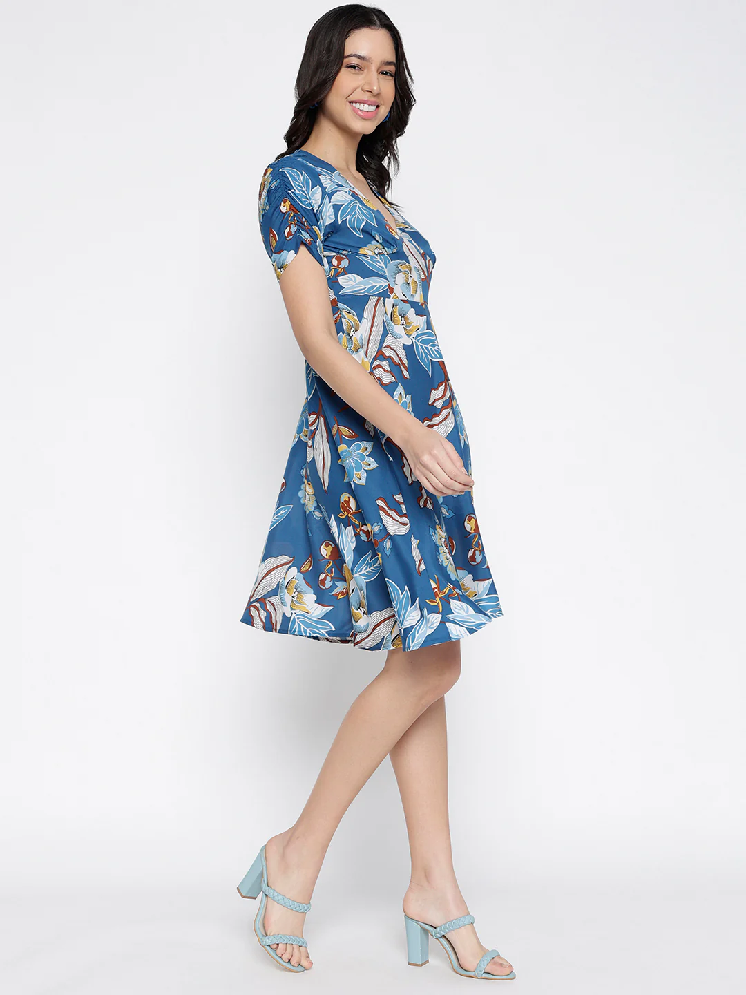 Women Blue Crepe Floral Mini Chic Dress - Image 6