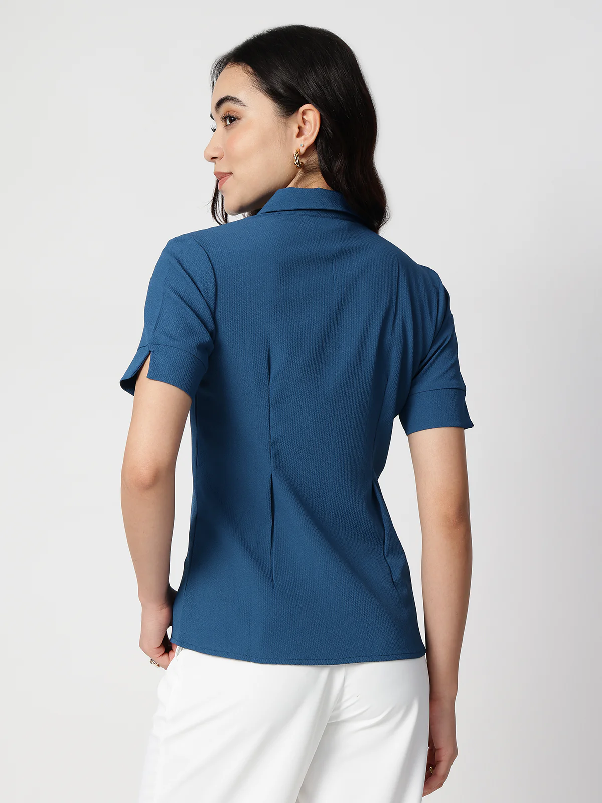 Women Blue Crepe Spread Collar Shirt - Image 2