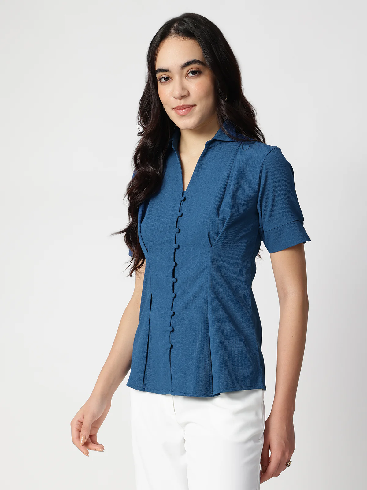 Women Blue Crepe Spread Collar Shirt - Image 3