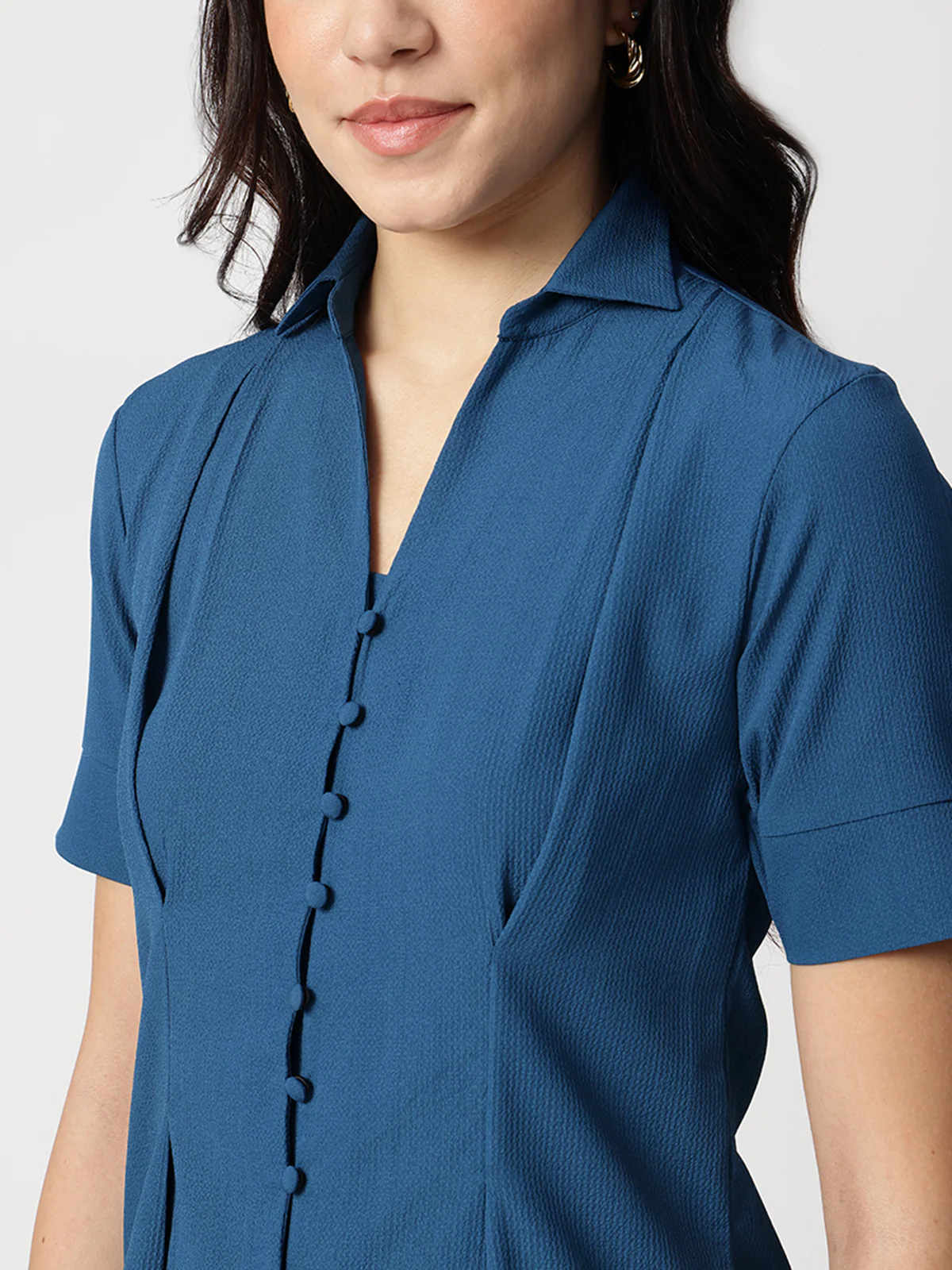 Women Blue Crepe Spread Collar Shirt - Image 4