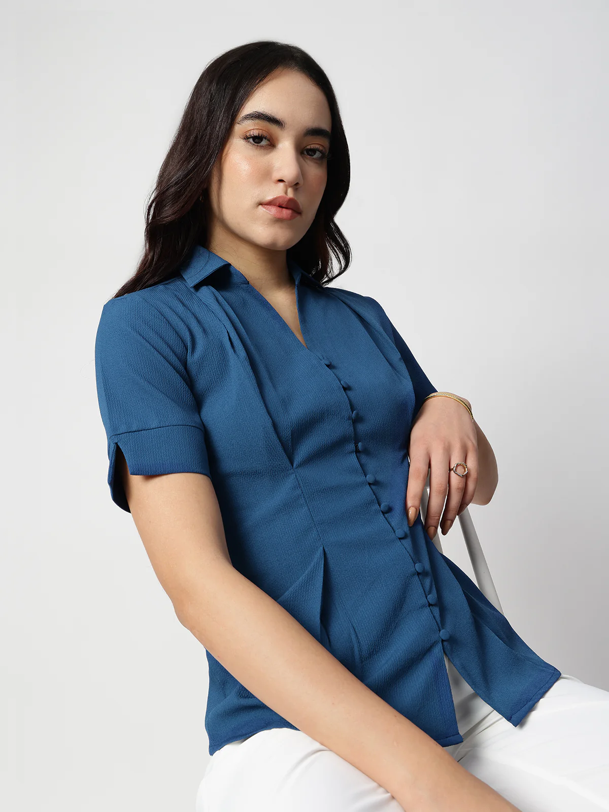 Women Blue Crepe Spread Collar Shirt - Image 5