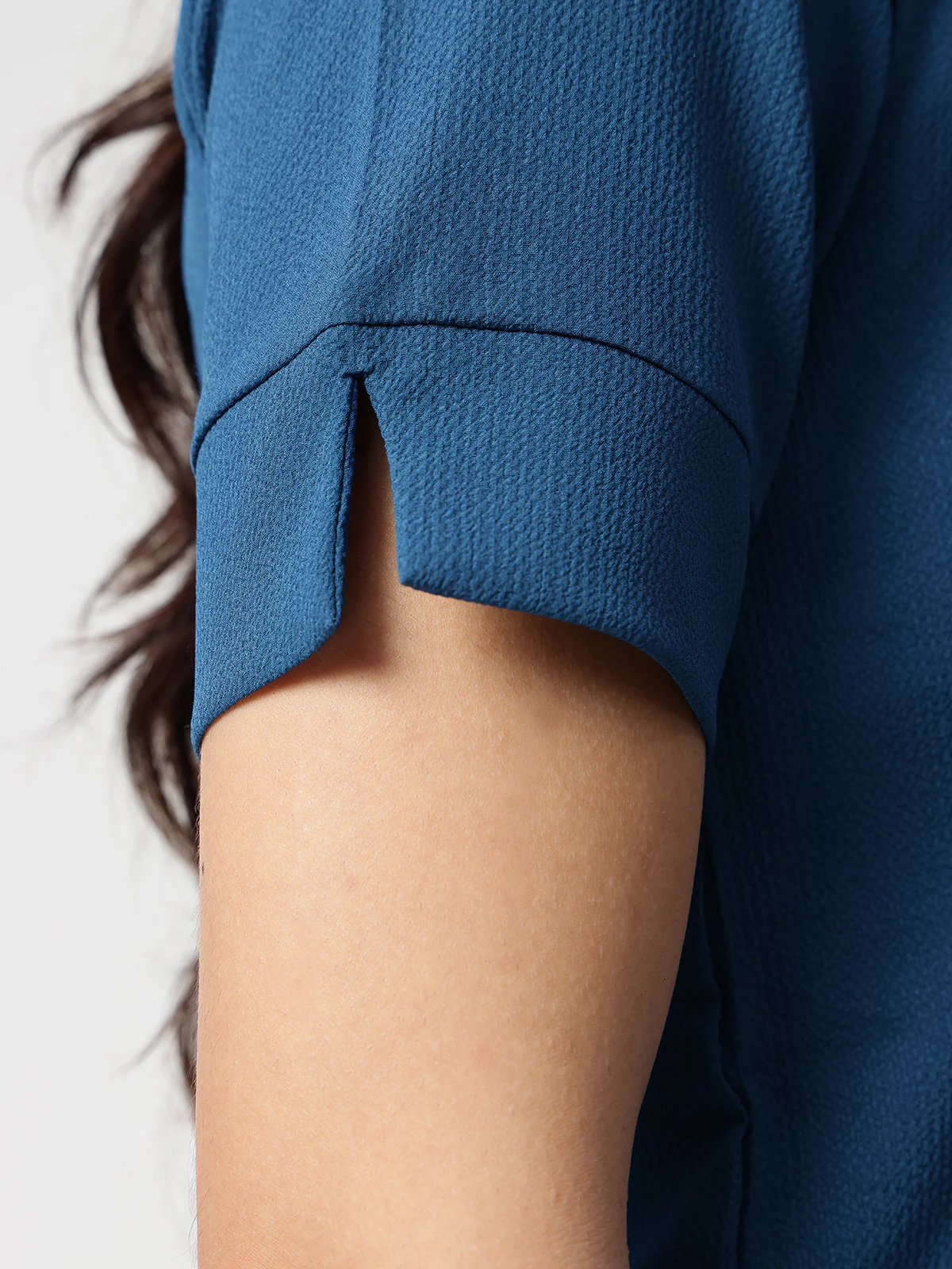 Women Blue Crepe Spread Collar Shirt - Image 6