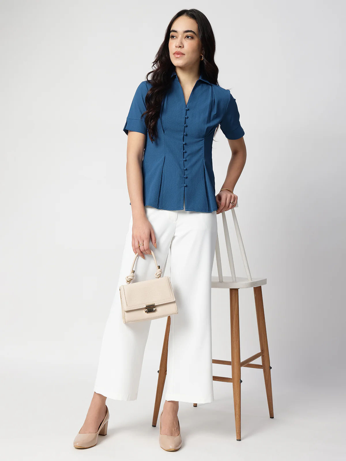 Women Blue Crepe Spread Collar Shirt - Image 7