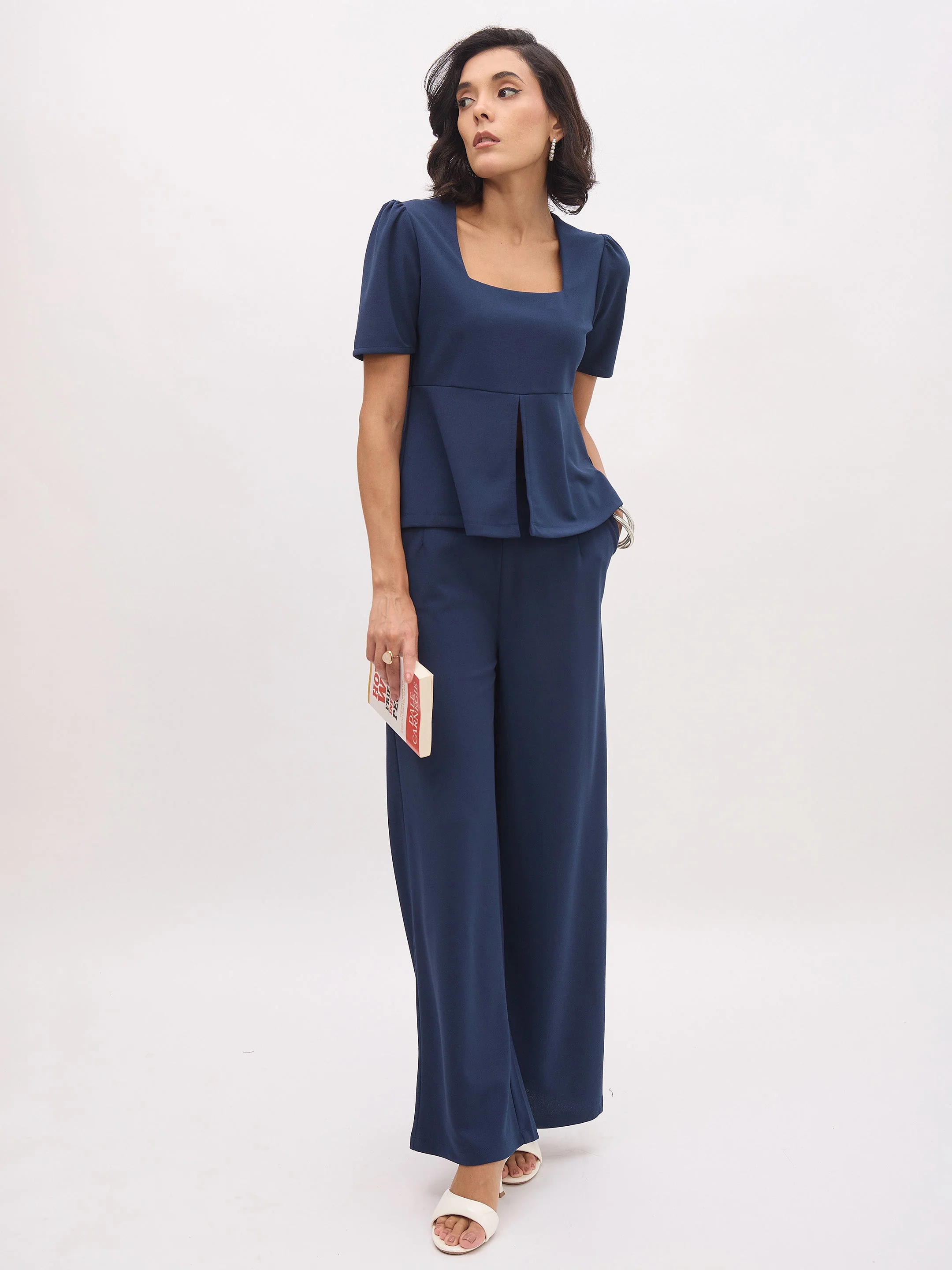 Women Blue Cross Pocket Front Dart Straight Pants - Image 2