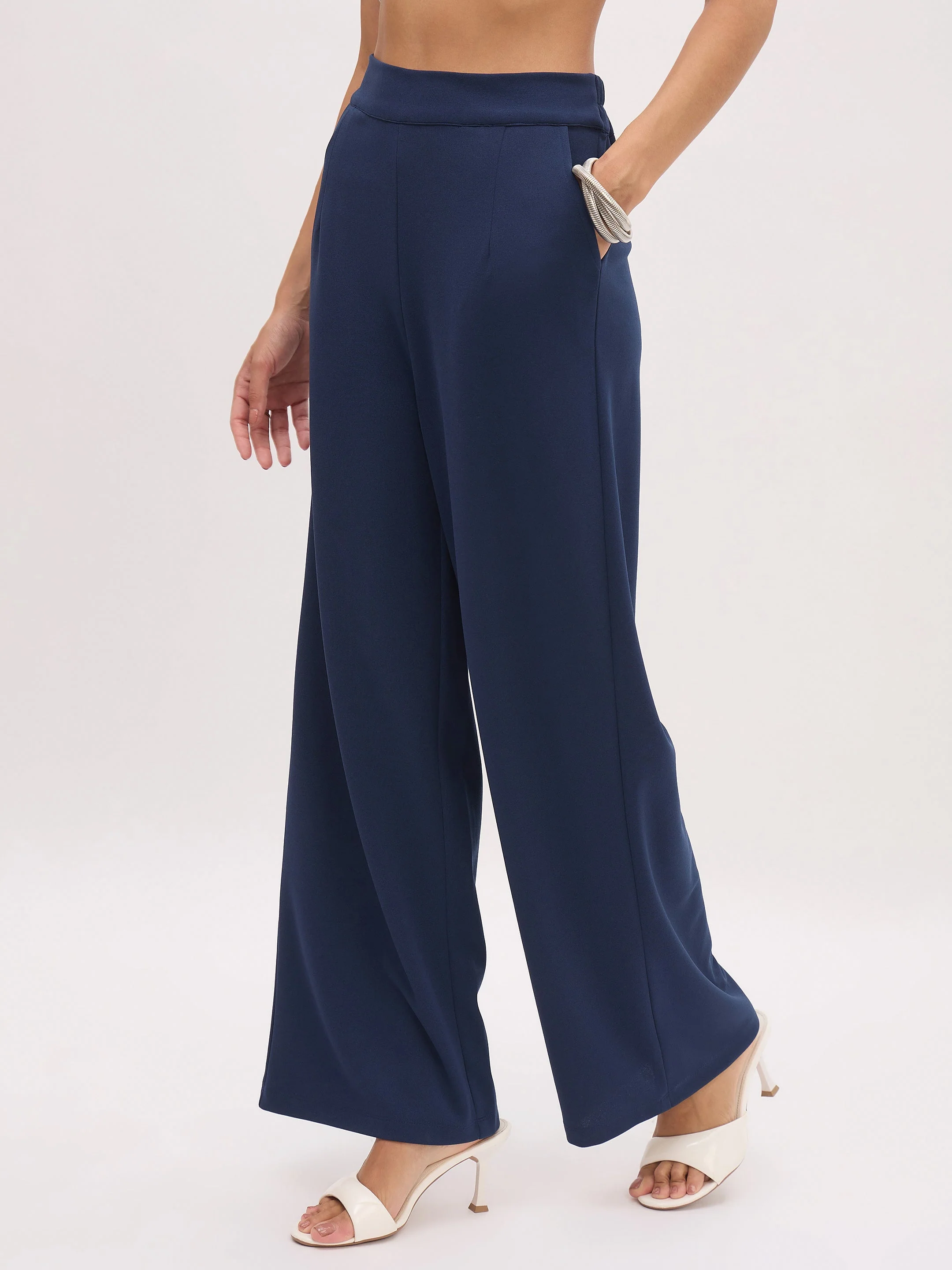 Women Blue Cross Pocket Front Dart Straight Pants - Image 3