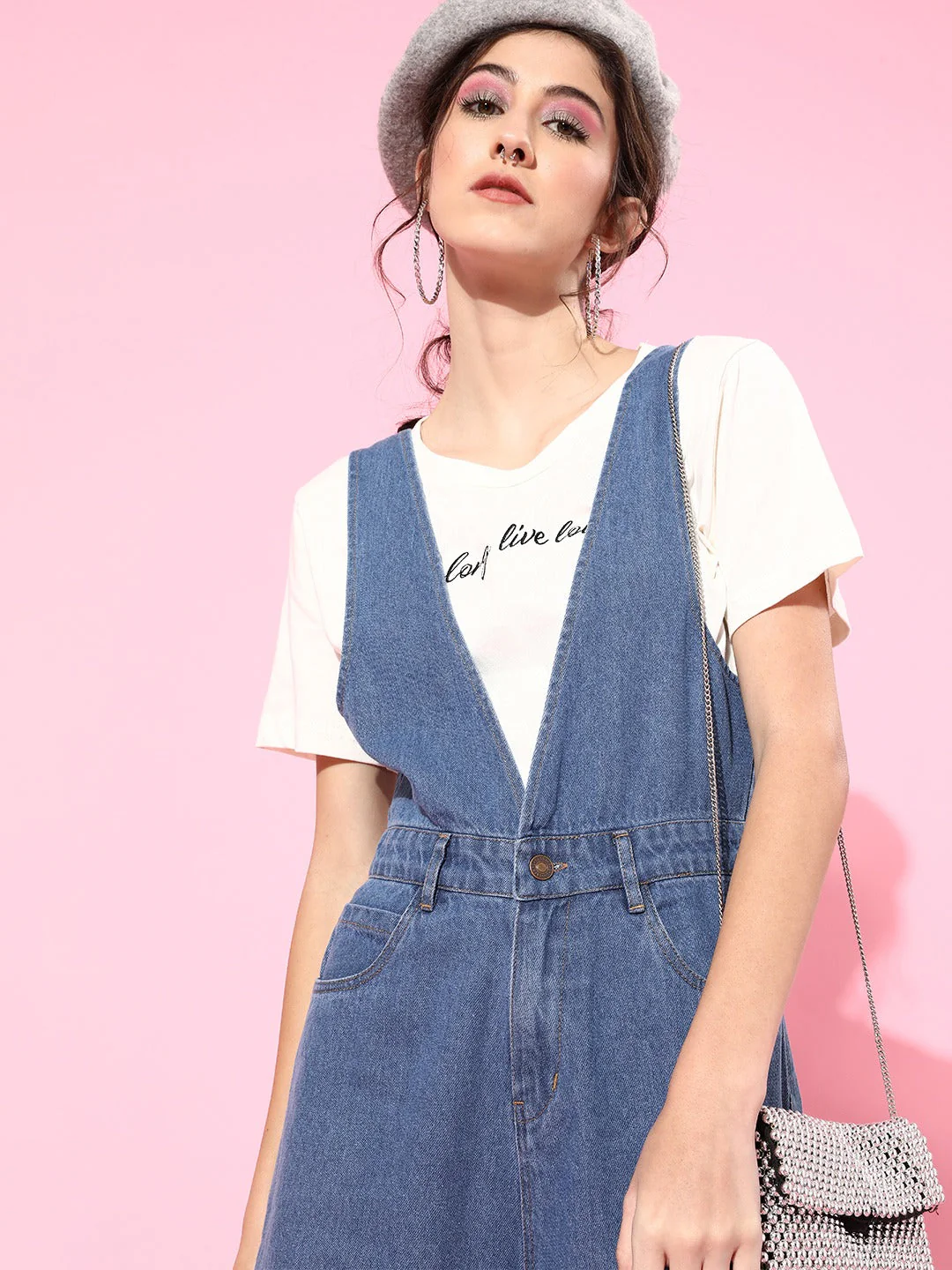 Women Blue Deep V-Neck Denim Flared Leg Jumpsuit - Image 2