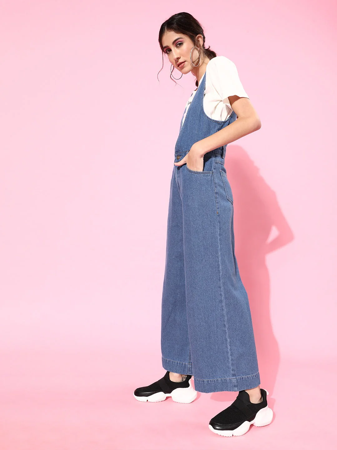 Women Blue Deep V-Neck Denim Flared Leg Jumpsuit - Image 3