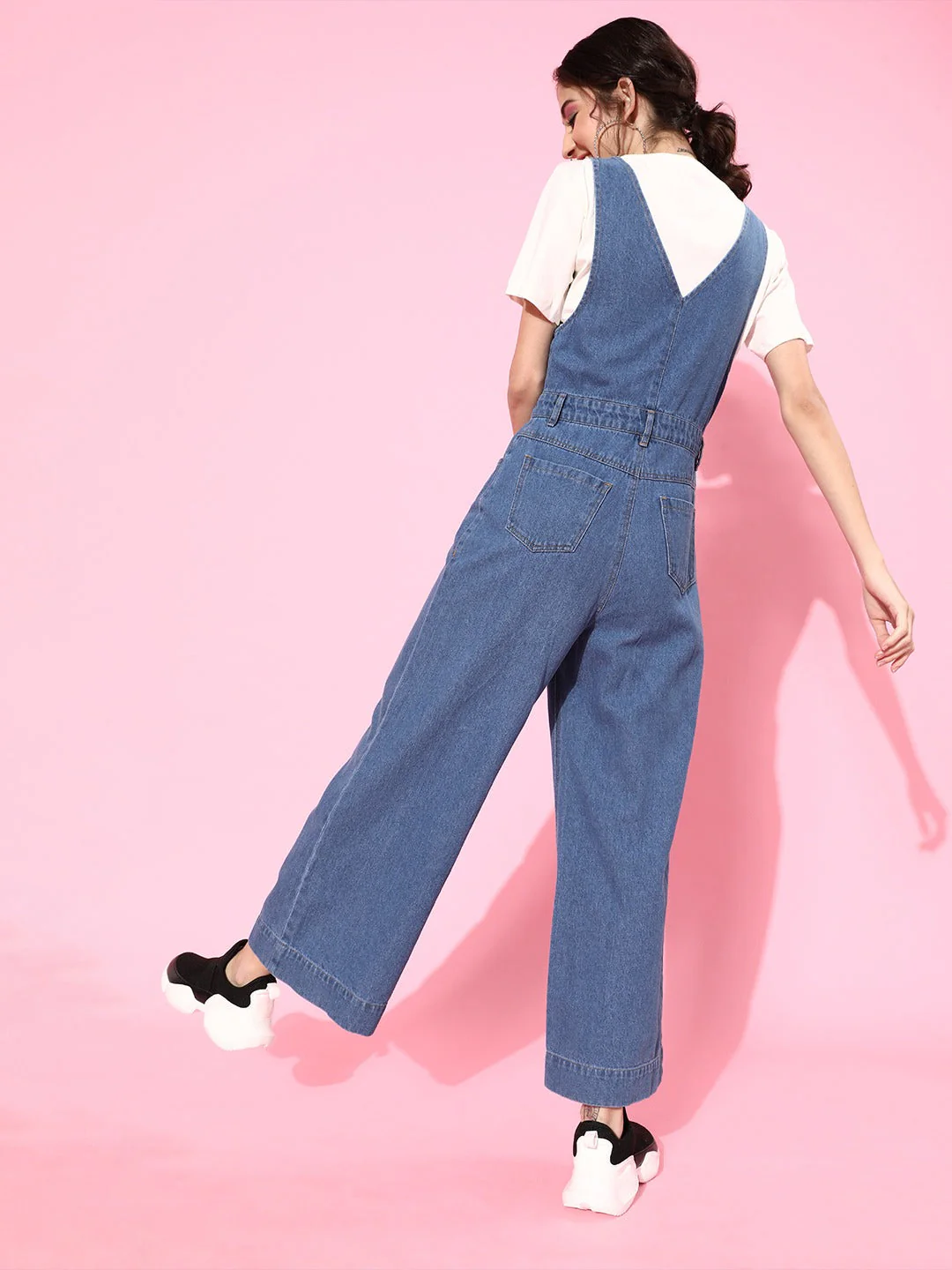 Women Blue Deep V-Neck Denim Flared Leg Jumpsuit - Image 4