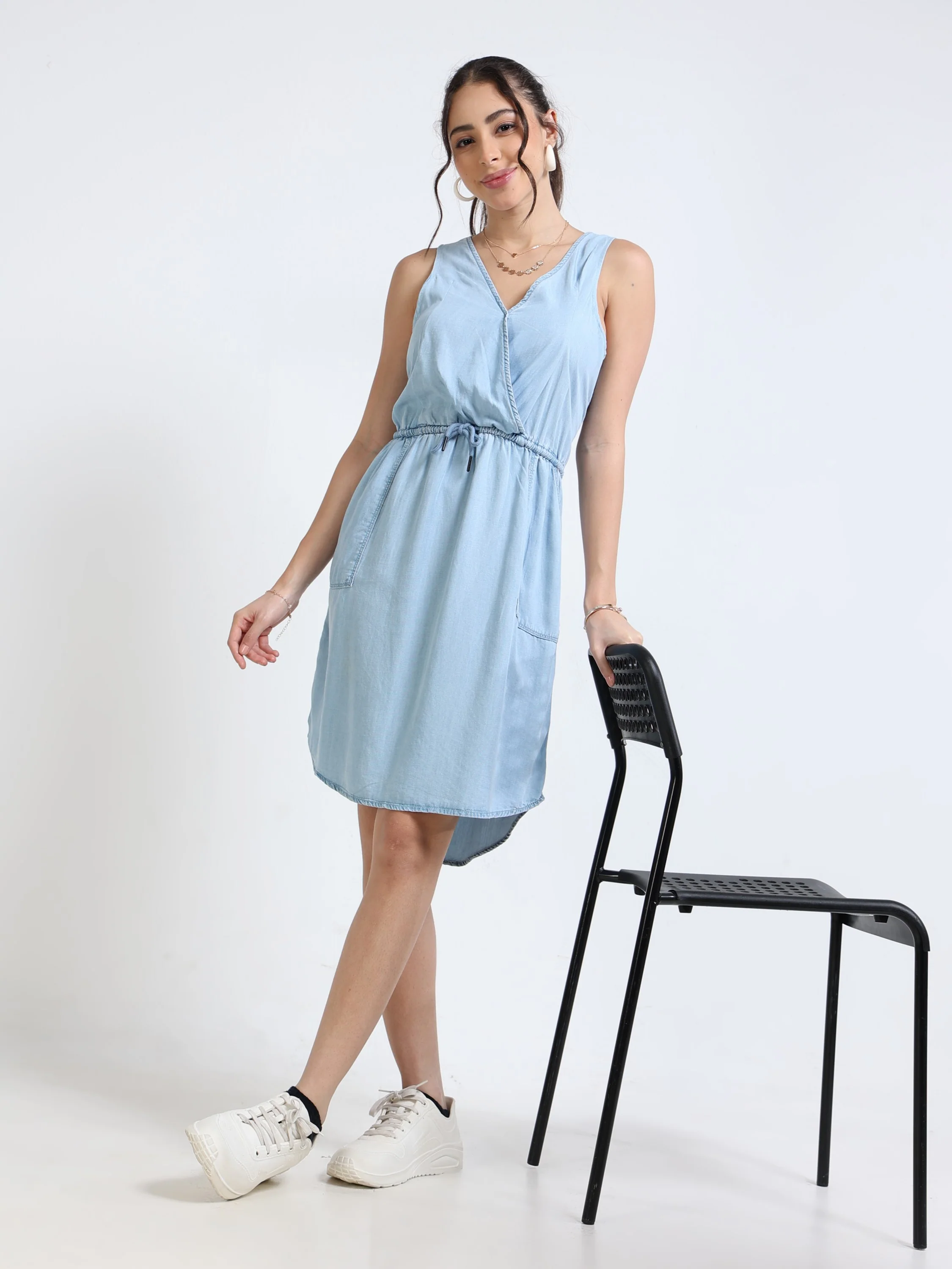 Women Blue Denim A-Line Dress - Image 2