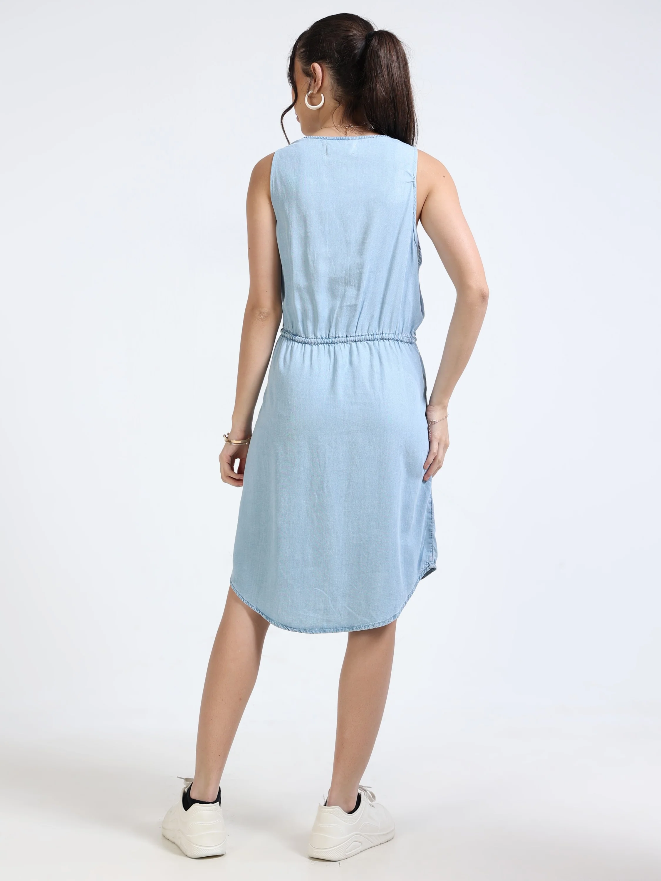 Women Blue Denim A-Line Dress - Image 3