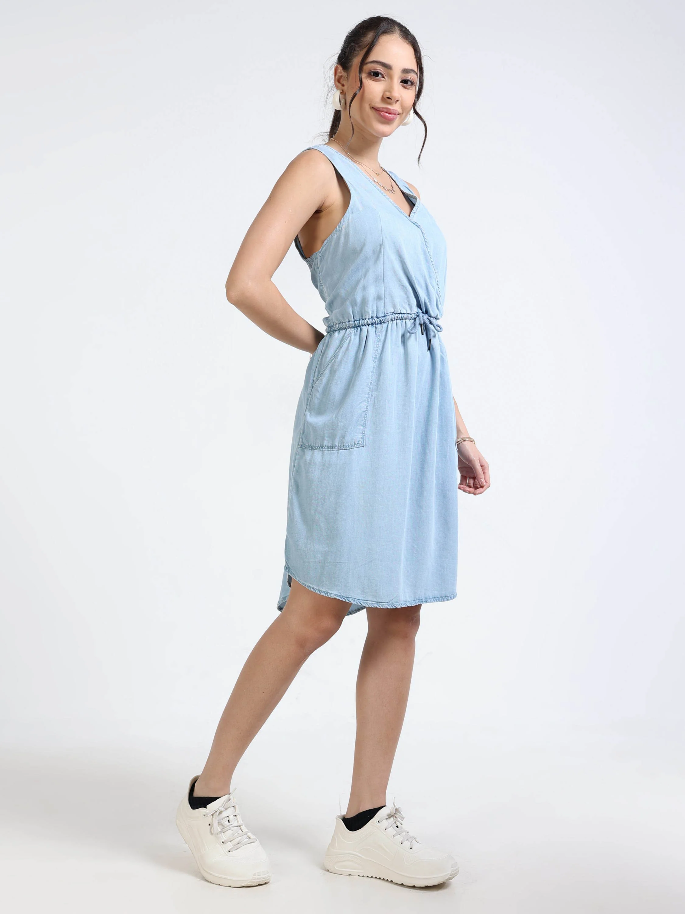Women Blue Denim A-Line Dress - Image 5