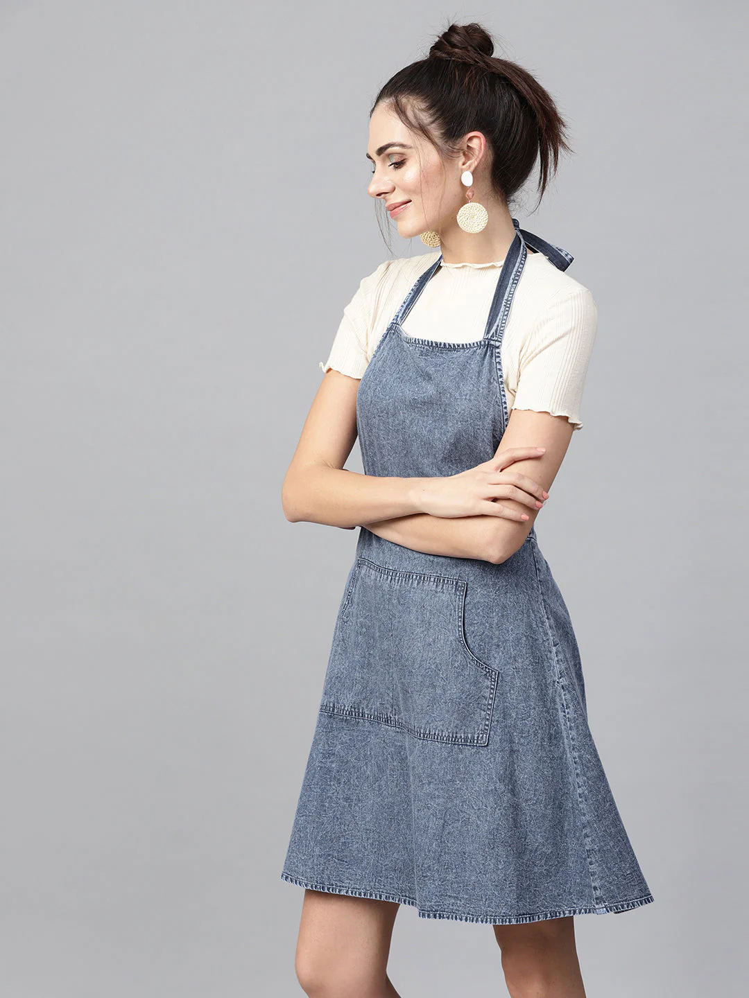 Women Blue Denim Acid Wash Apron Dress - Image 2
