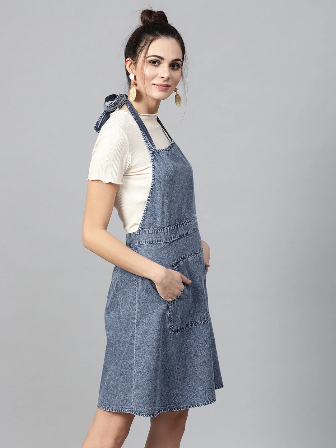 Women Blue Denim Acid Wash Apron Dress - Image 4