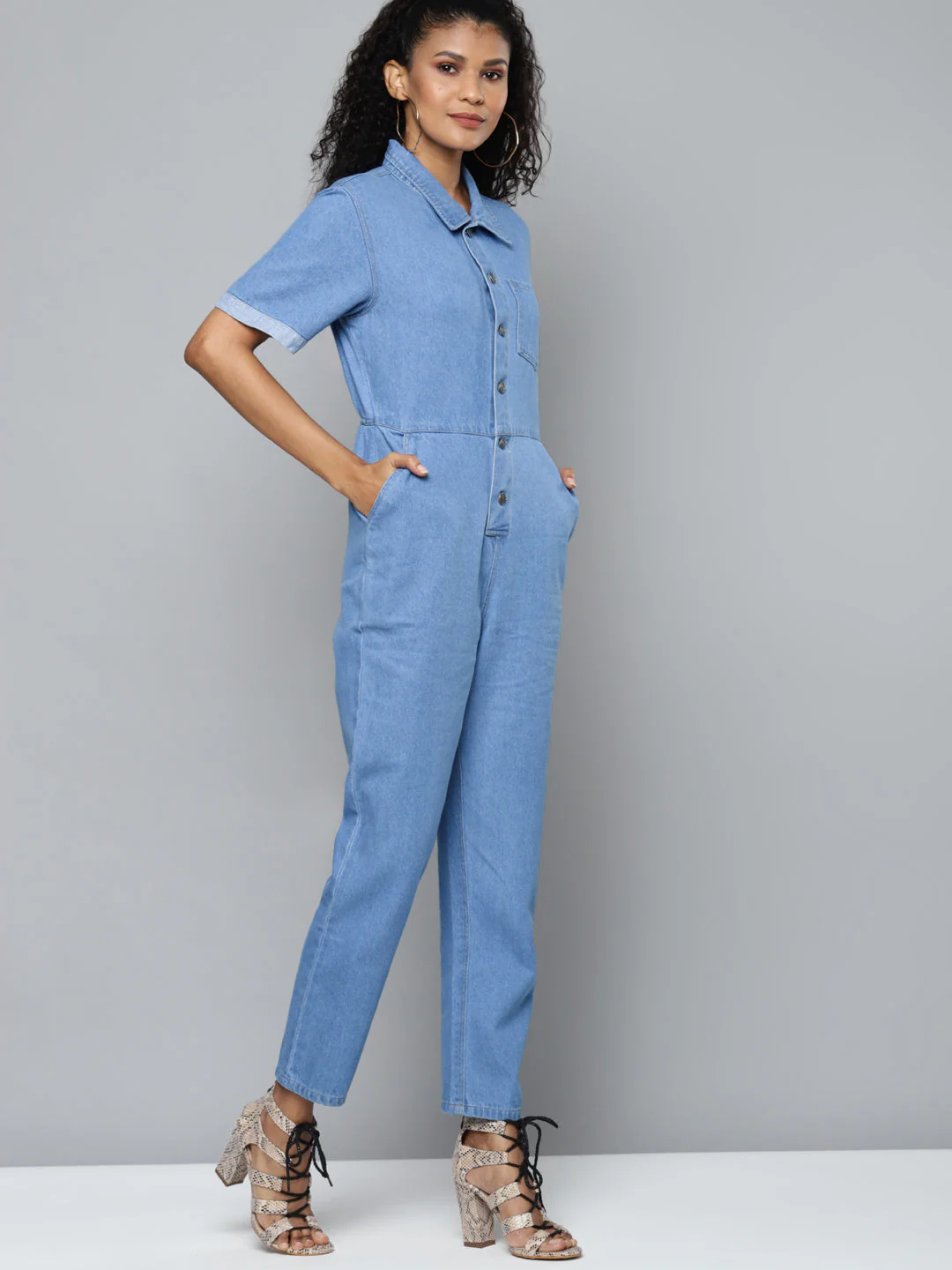 Women Blue Denim Belted Jumpsuit - Image 2