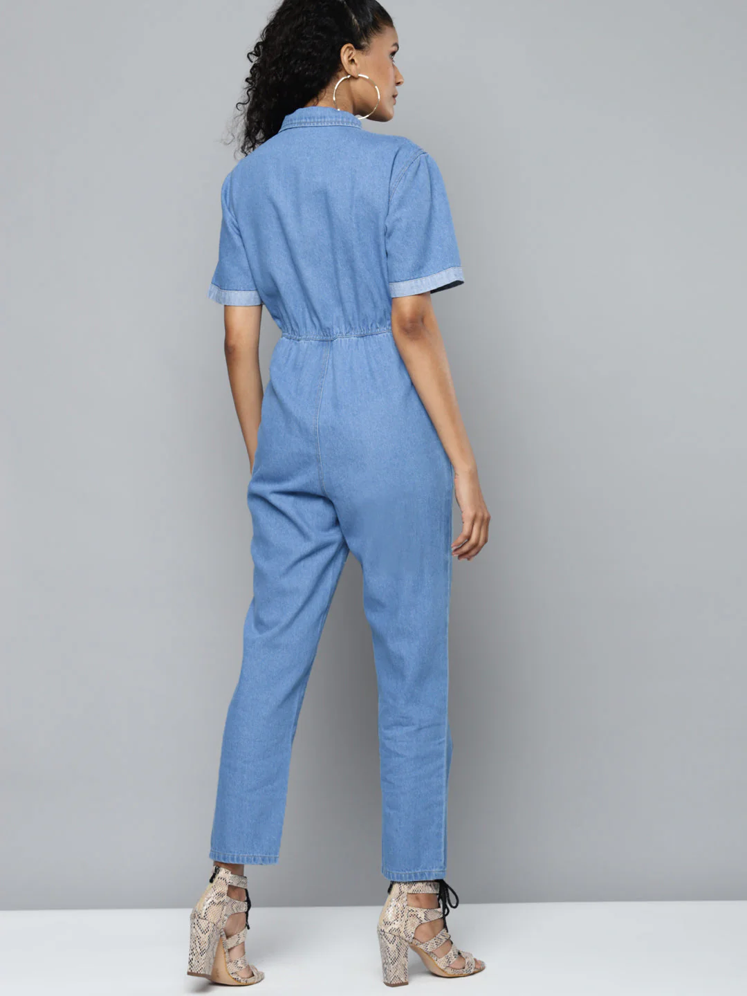Women Blue Denim Belted Jumpsuit - Image 3