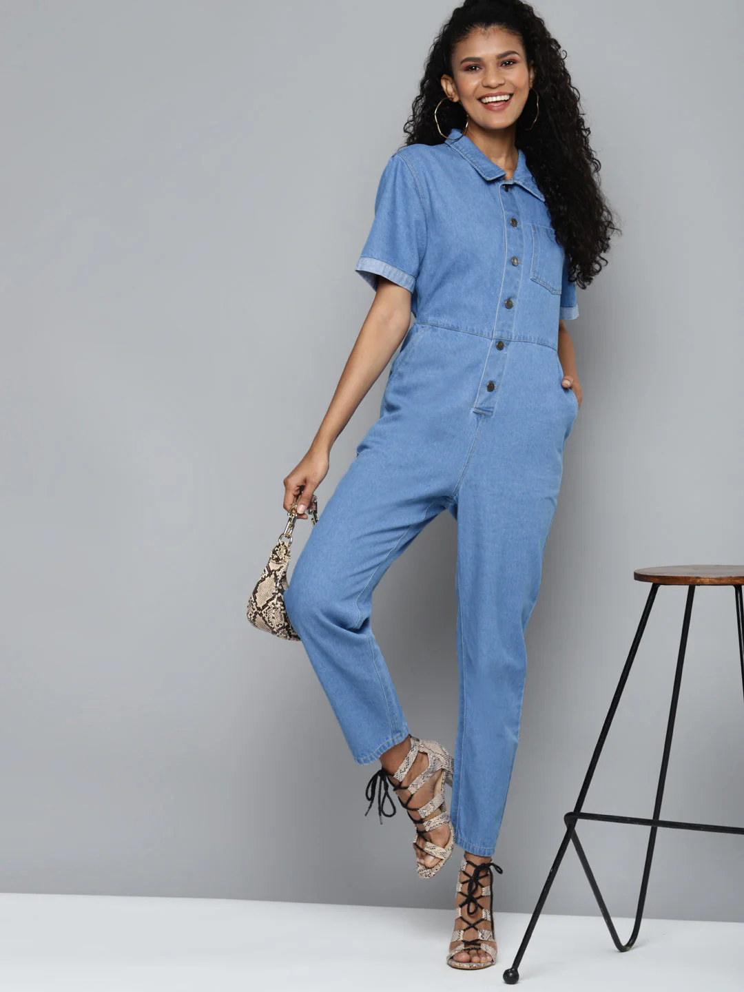 Women Blue Denim Belted Jumpsuit - Image 4