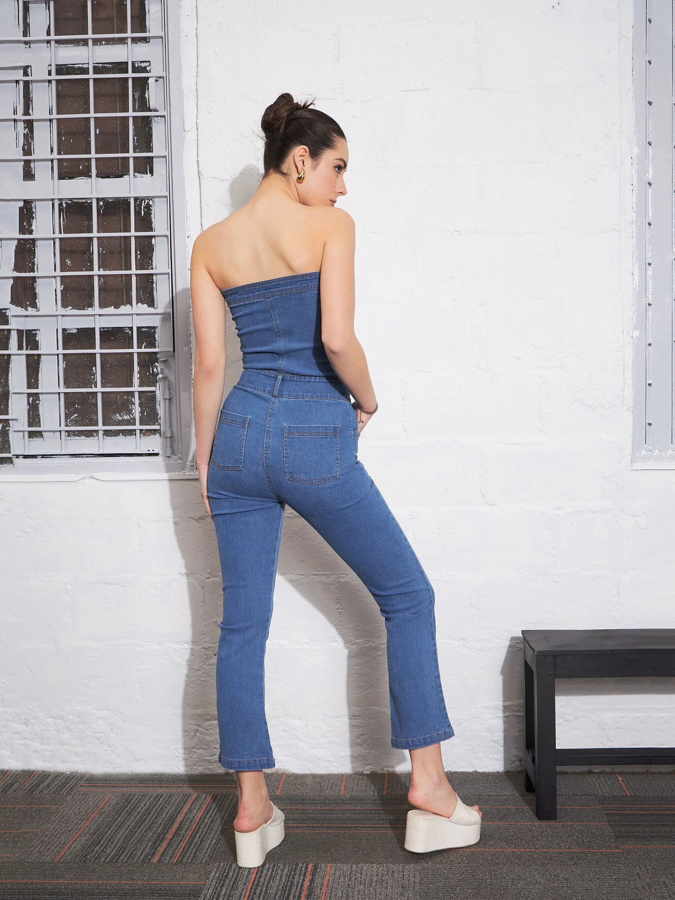 Women Blue Denim Corset Jumpsuit - Image 2