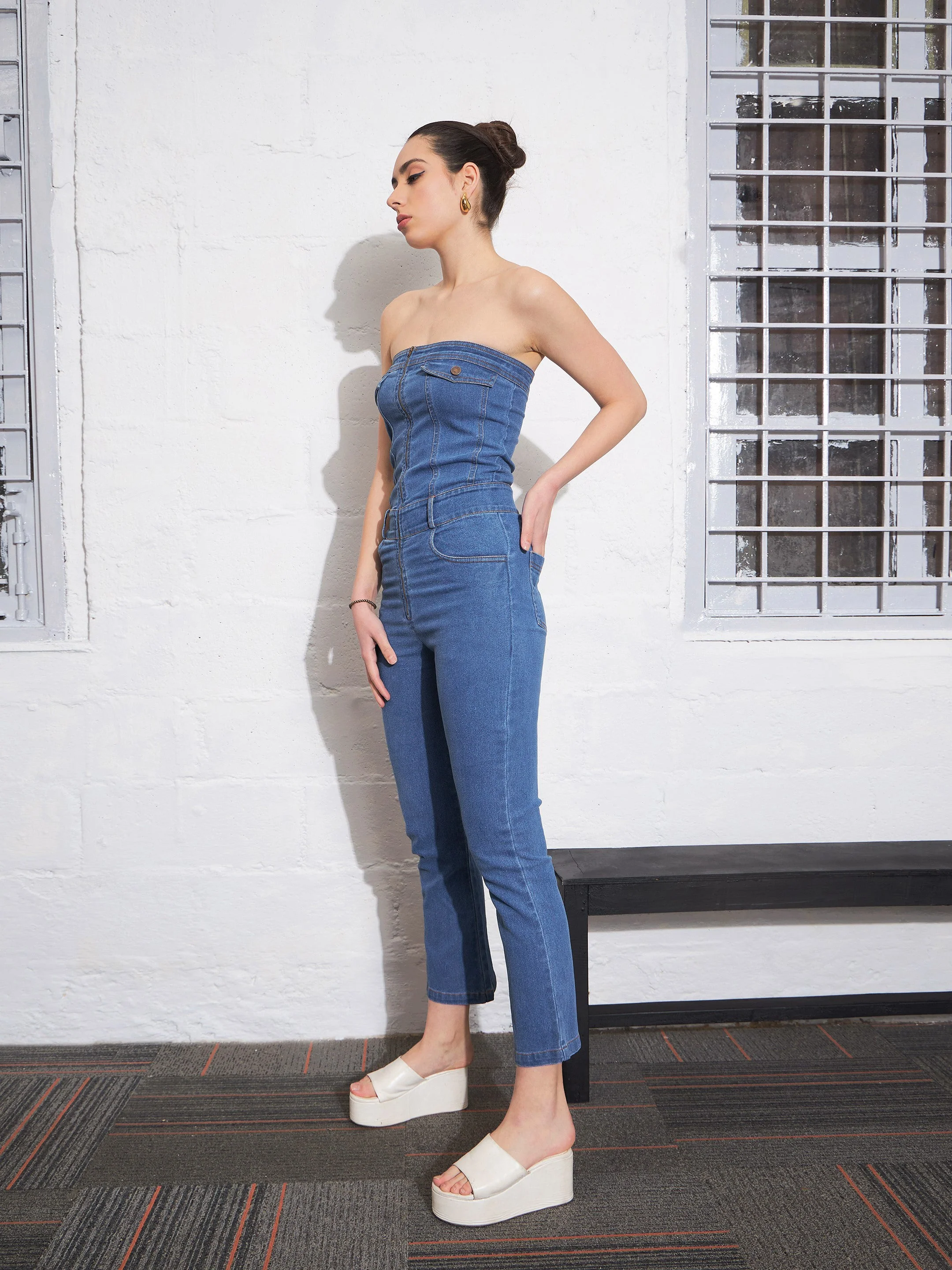 Women Blue Denim Corset Jumpsuit - Image 6