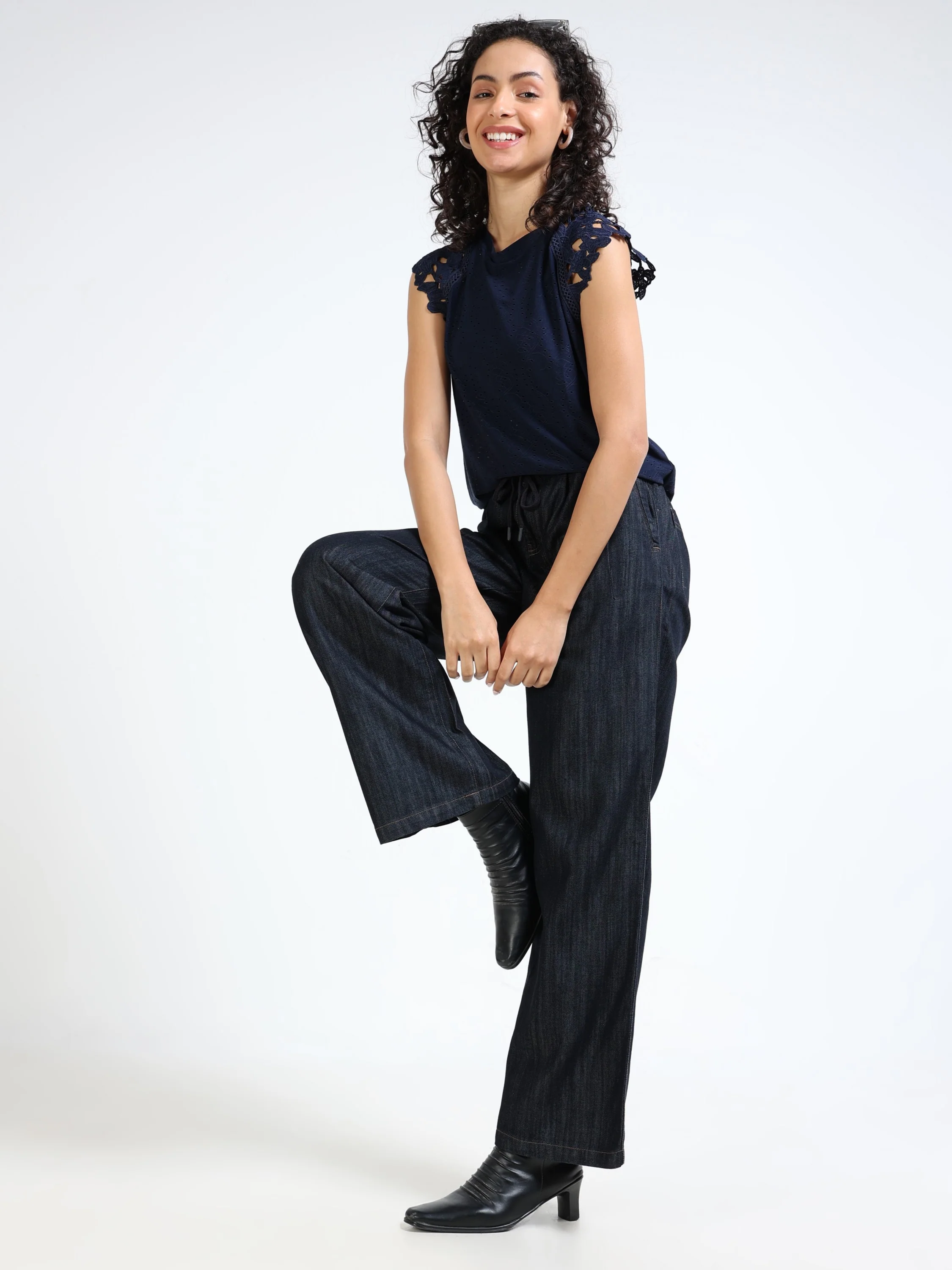 Women Blue Denim Flared Pants - Image 2