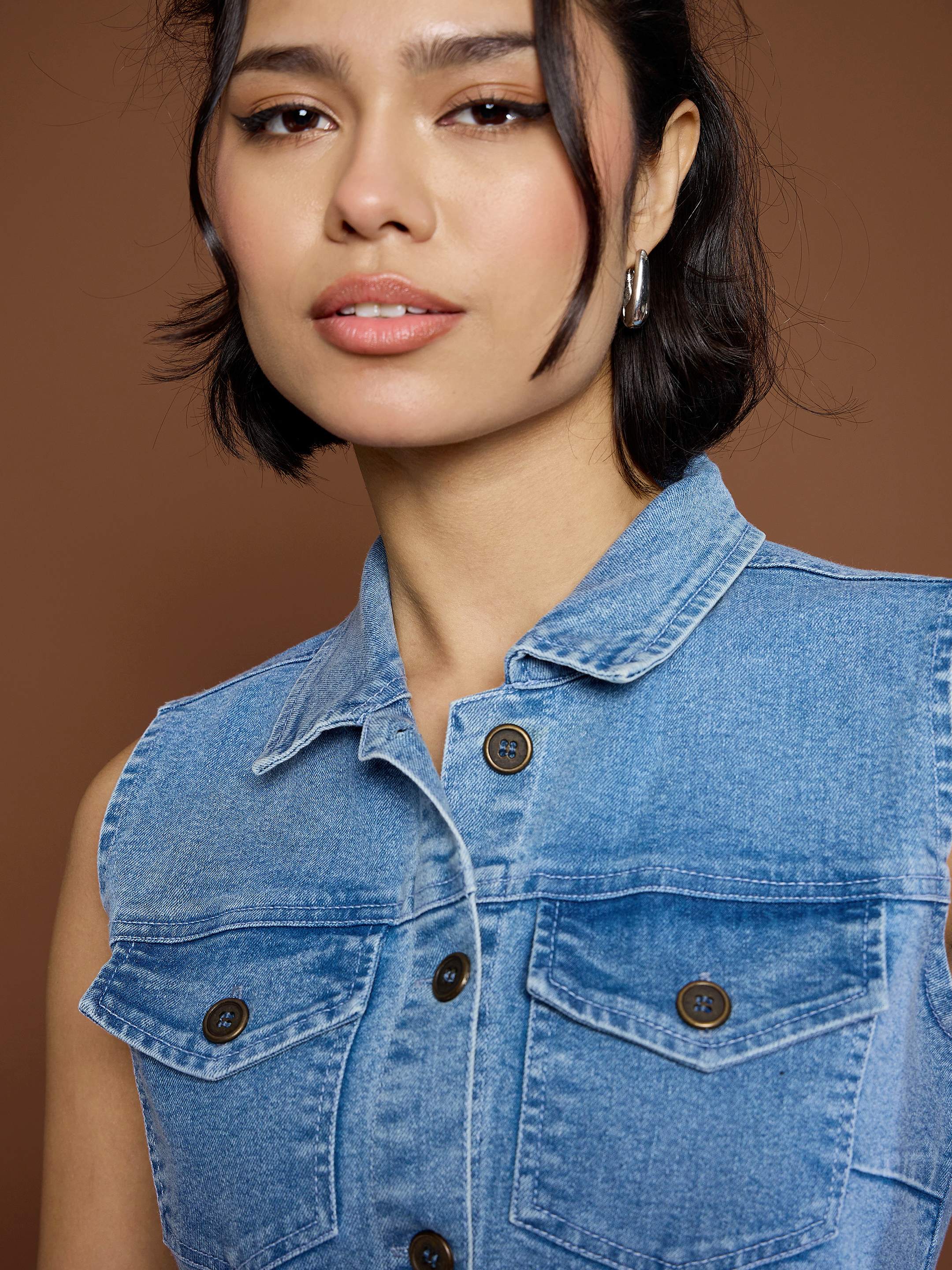 Women Blue Denim Front Button Midi Dress - Image 4