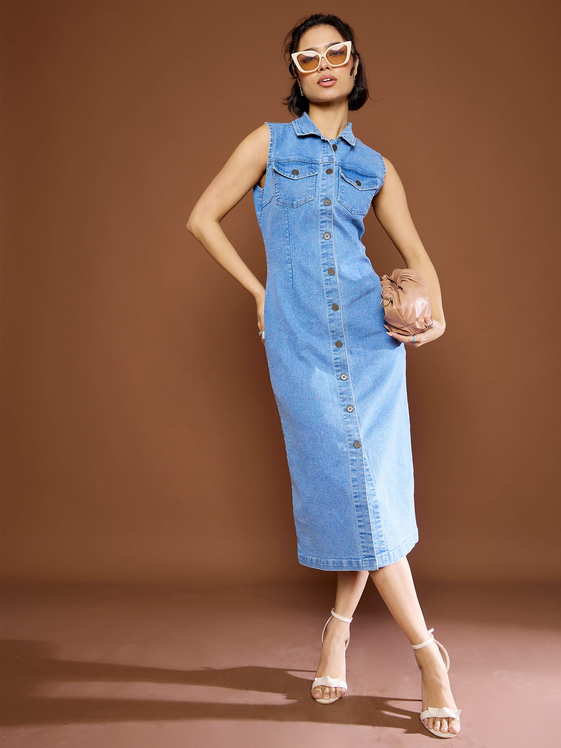 Women Blue Denim Front Button Midi Dress - Image 6