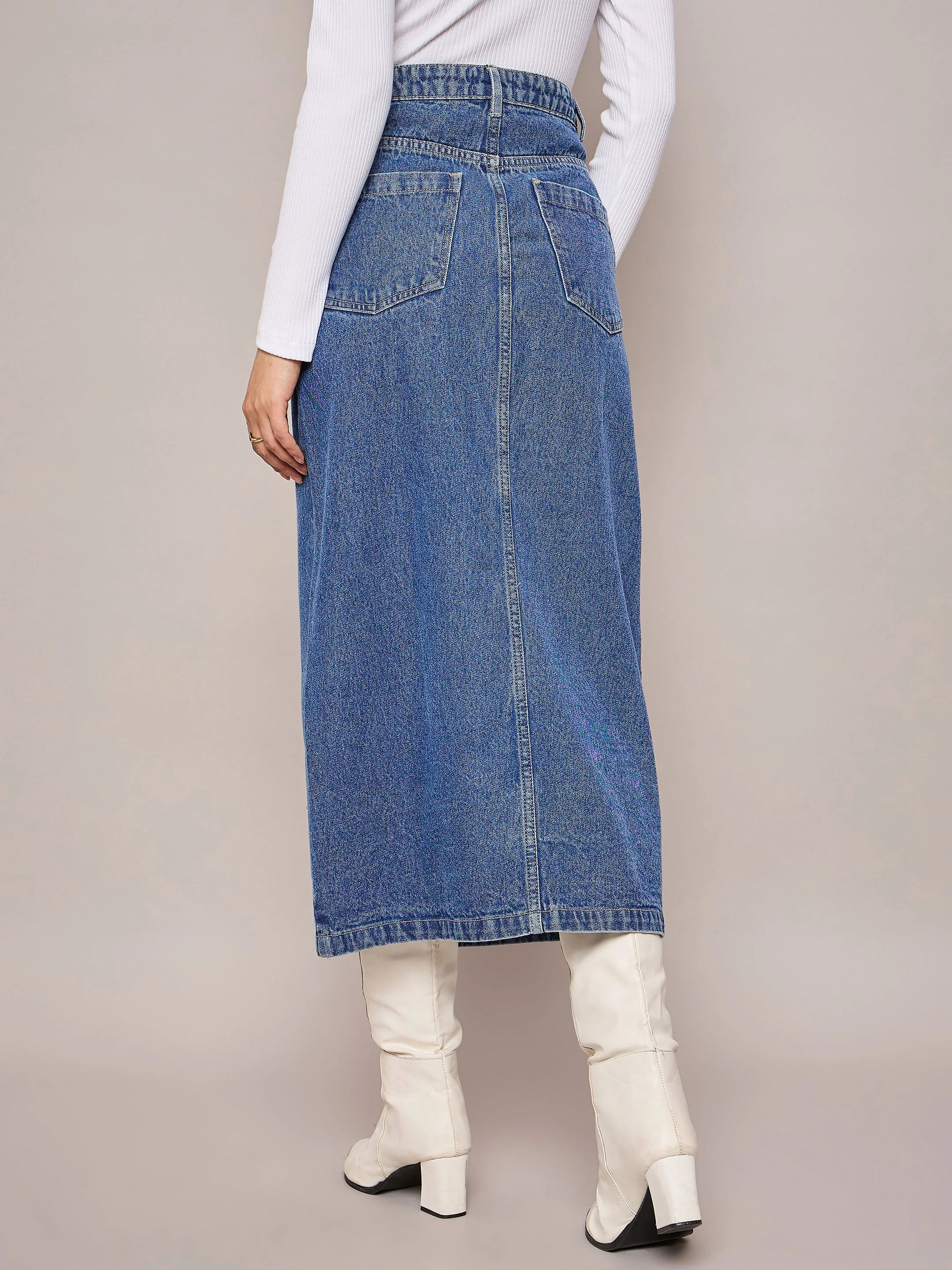 Women Blue Denim Front Slit Midi Skirt - Image 2