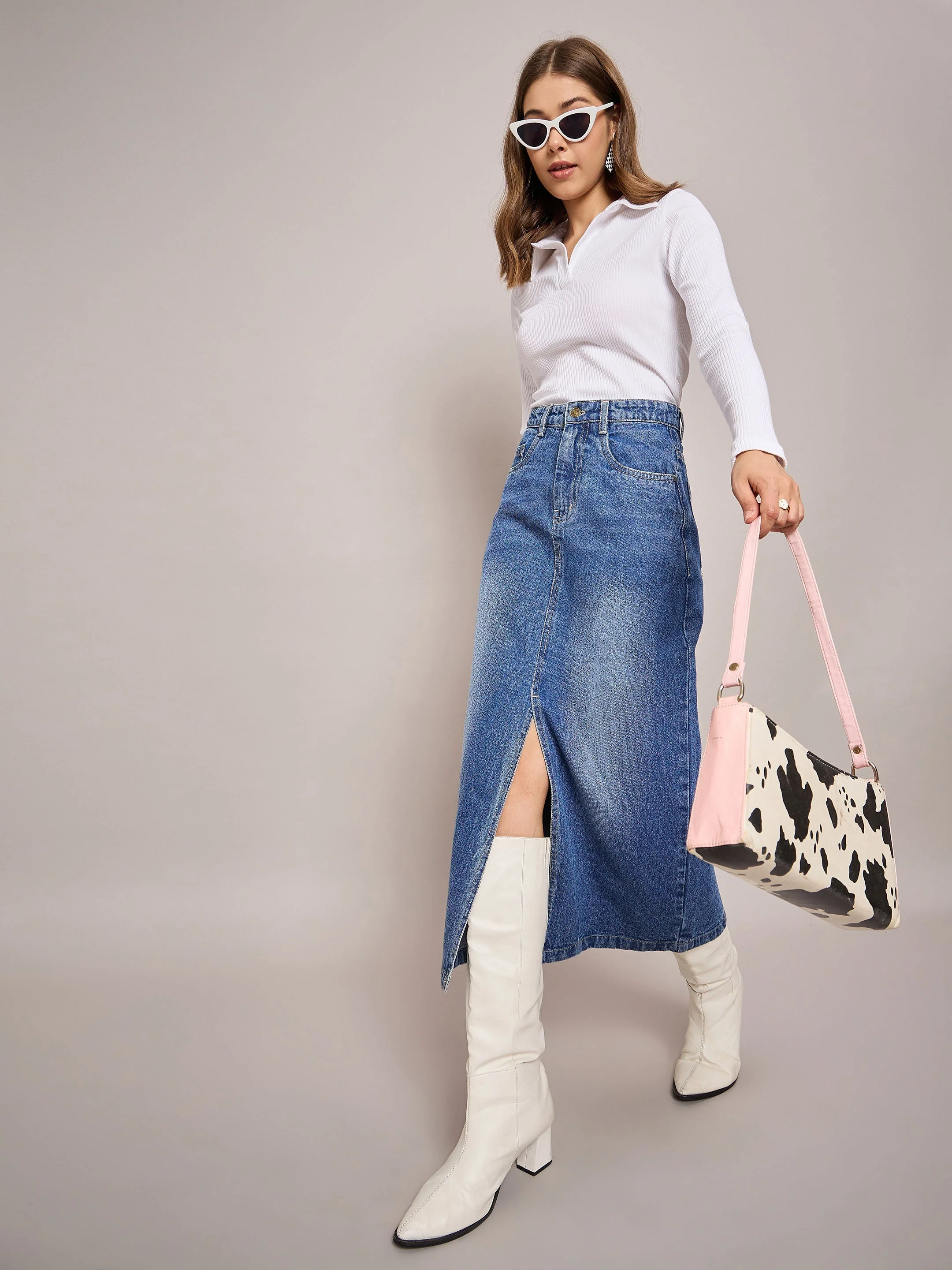 Women Blue Denim Front Slit Midi Skirt - Image 4