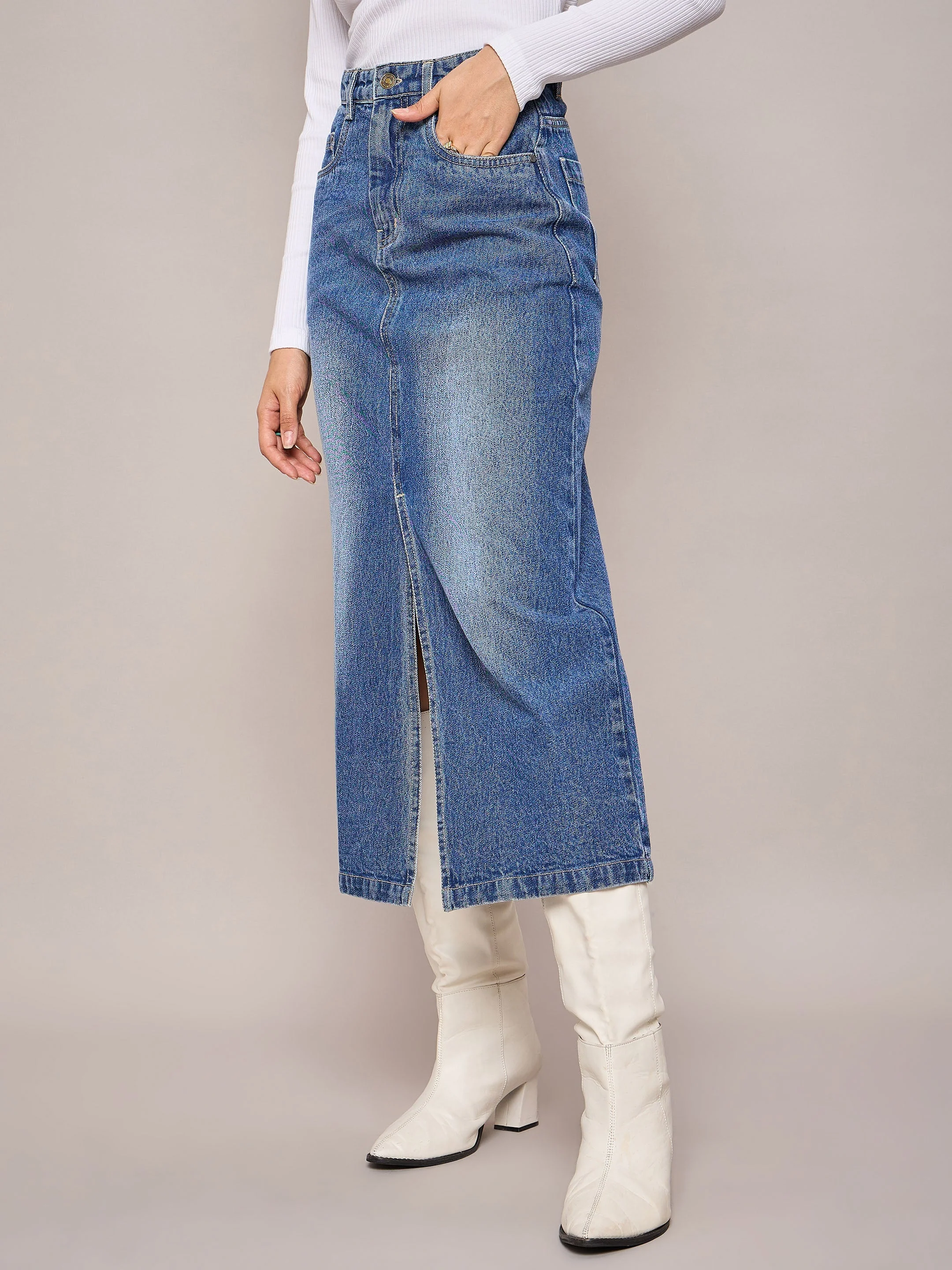Women Blue Denim Front Slit Midi Skirt - Image 5