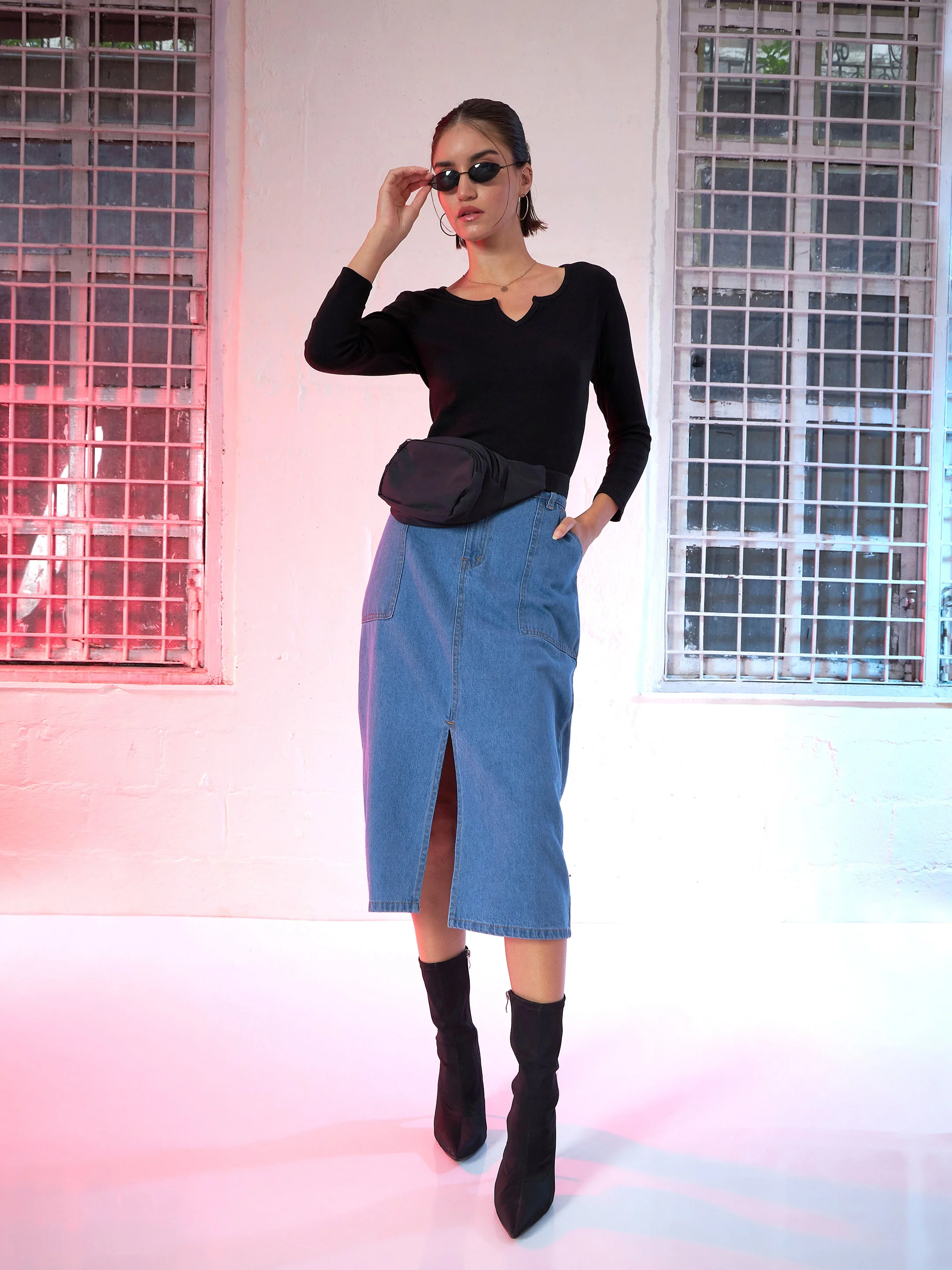 Women Blue Denim Front Slit Skirt - Image 2
