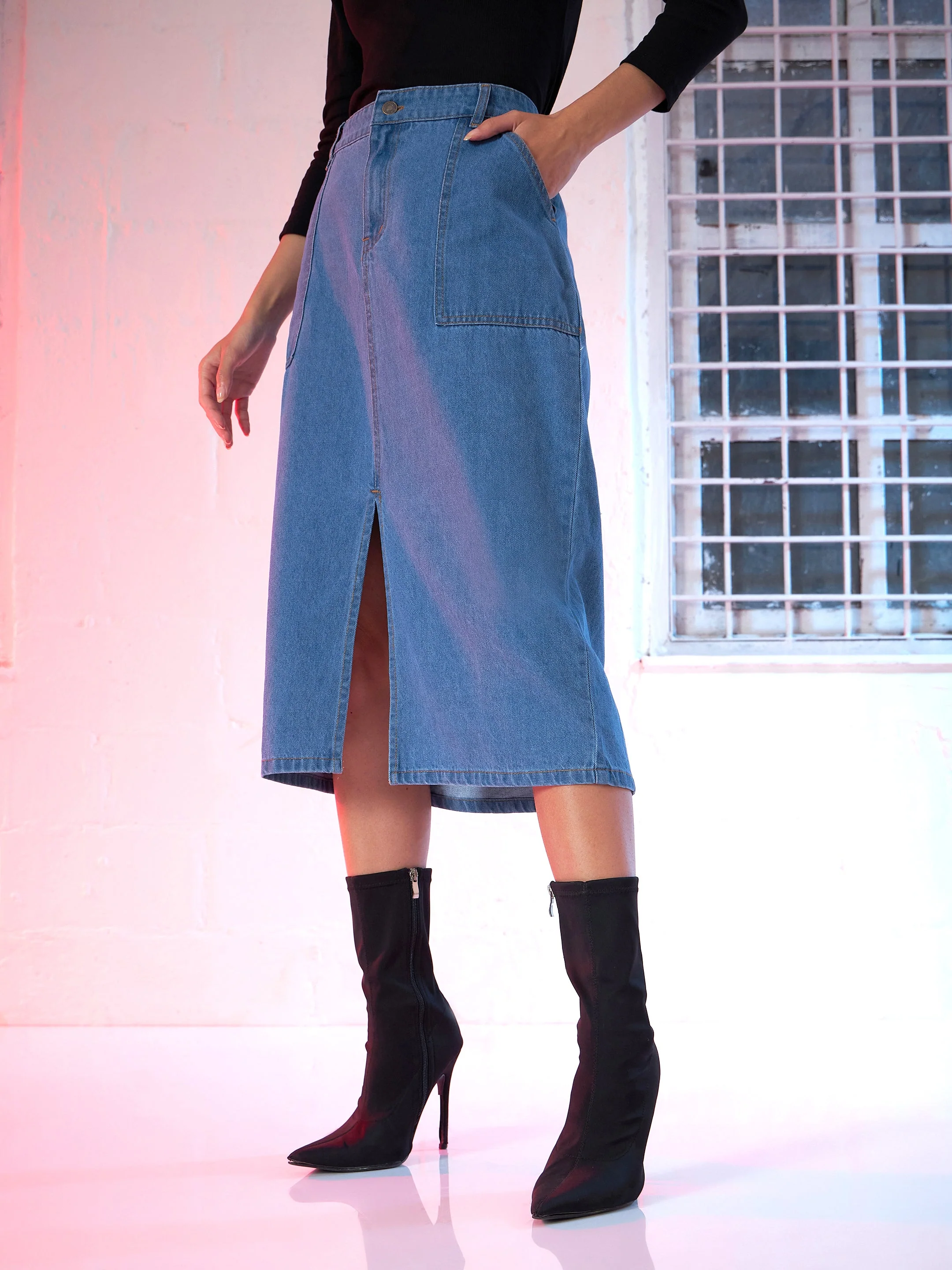 Women Blue Denim Front Slit Skirt - Image 3