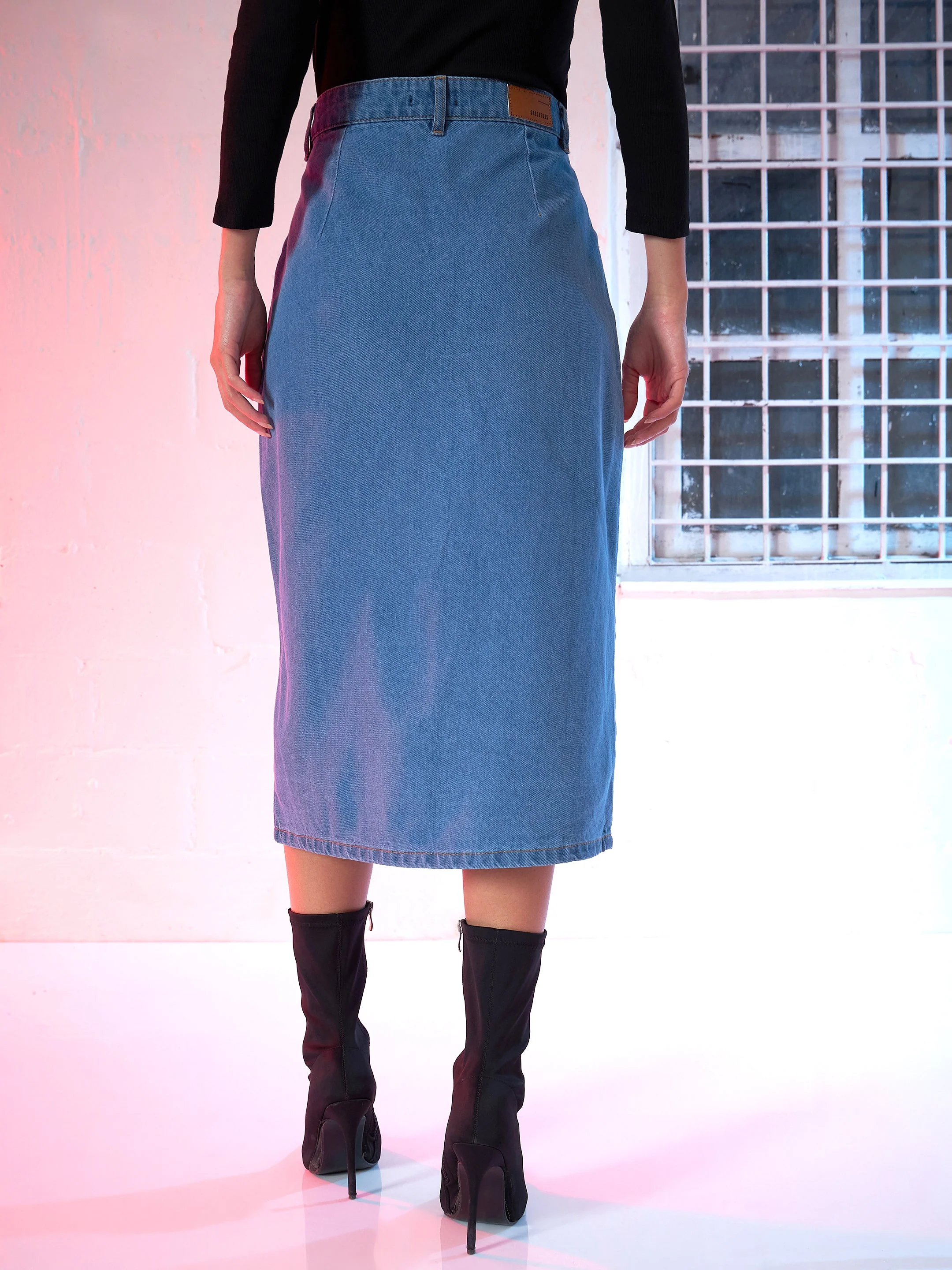 Women Blue Denim Front Slit Skirt - Image 5
