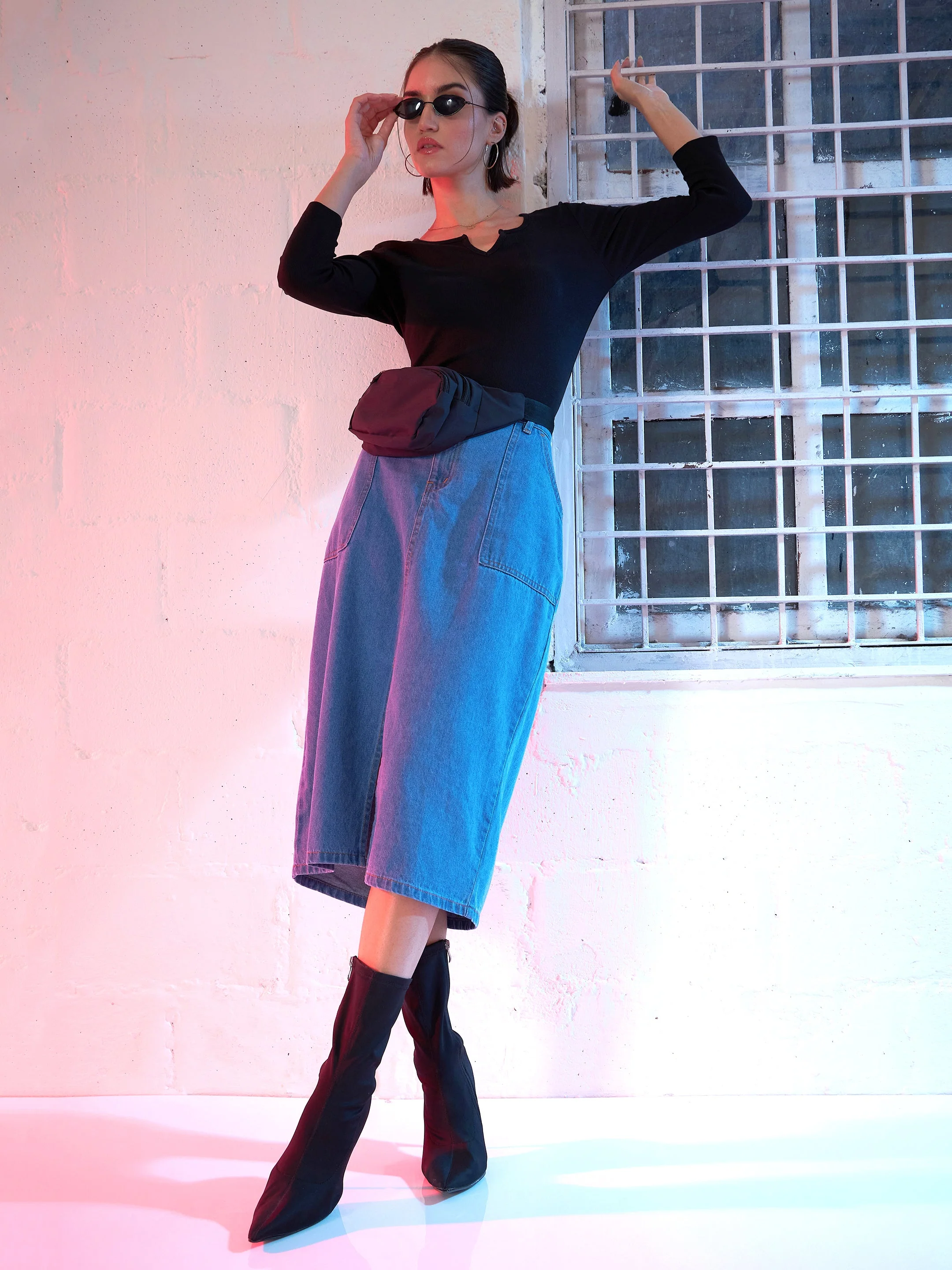 Women Blue Denim Front Slit Skirt - Image 6