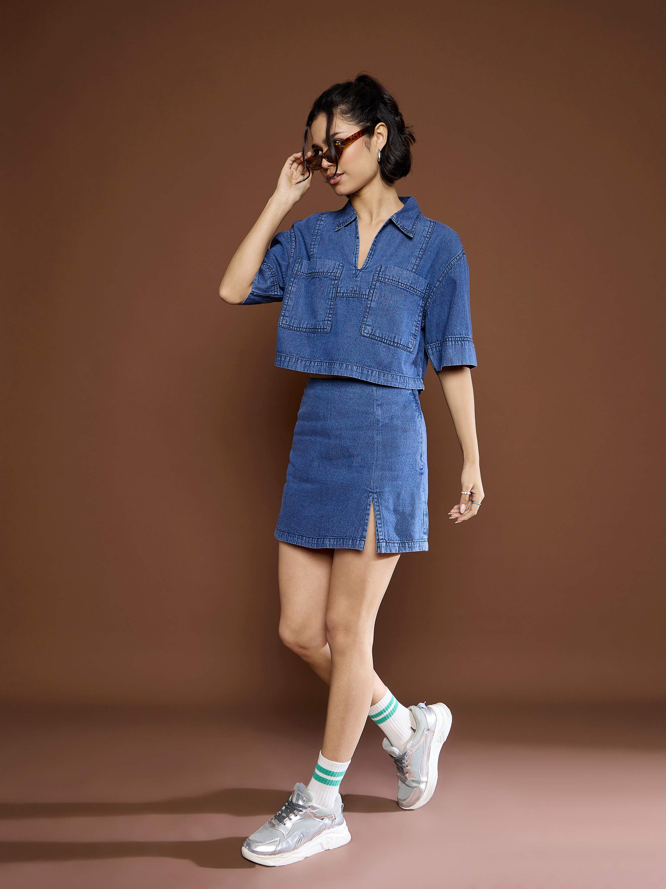 Women Blue Denim Front Slit Skirts - Image 2