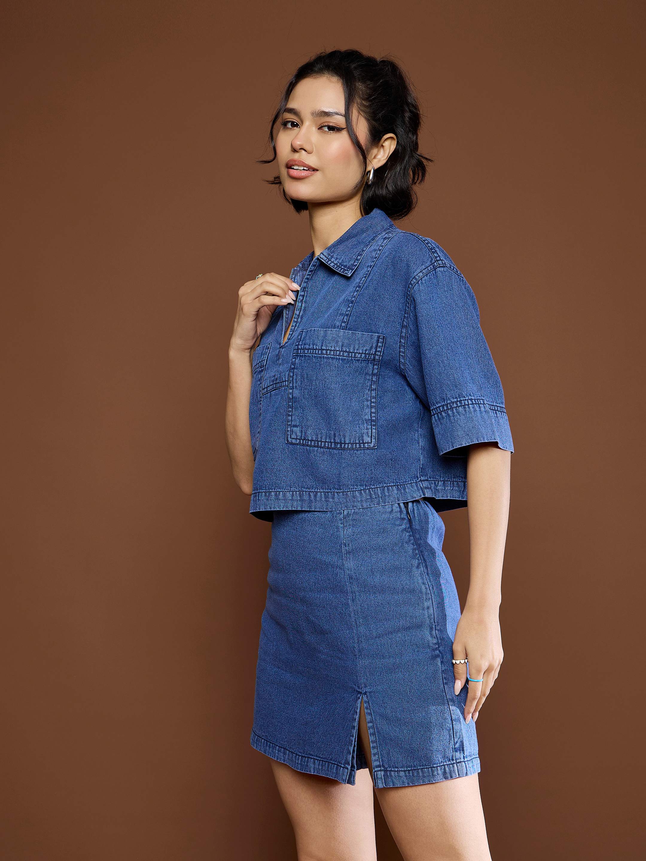 Women Blue Denim Front Slit Skirts - Image 3