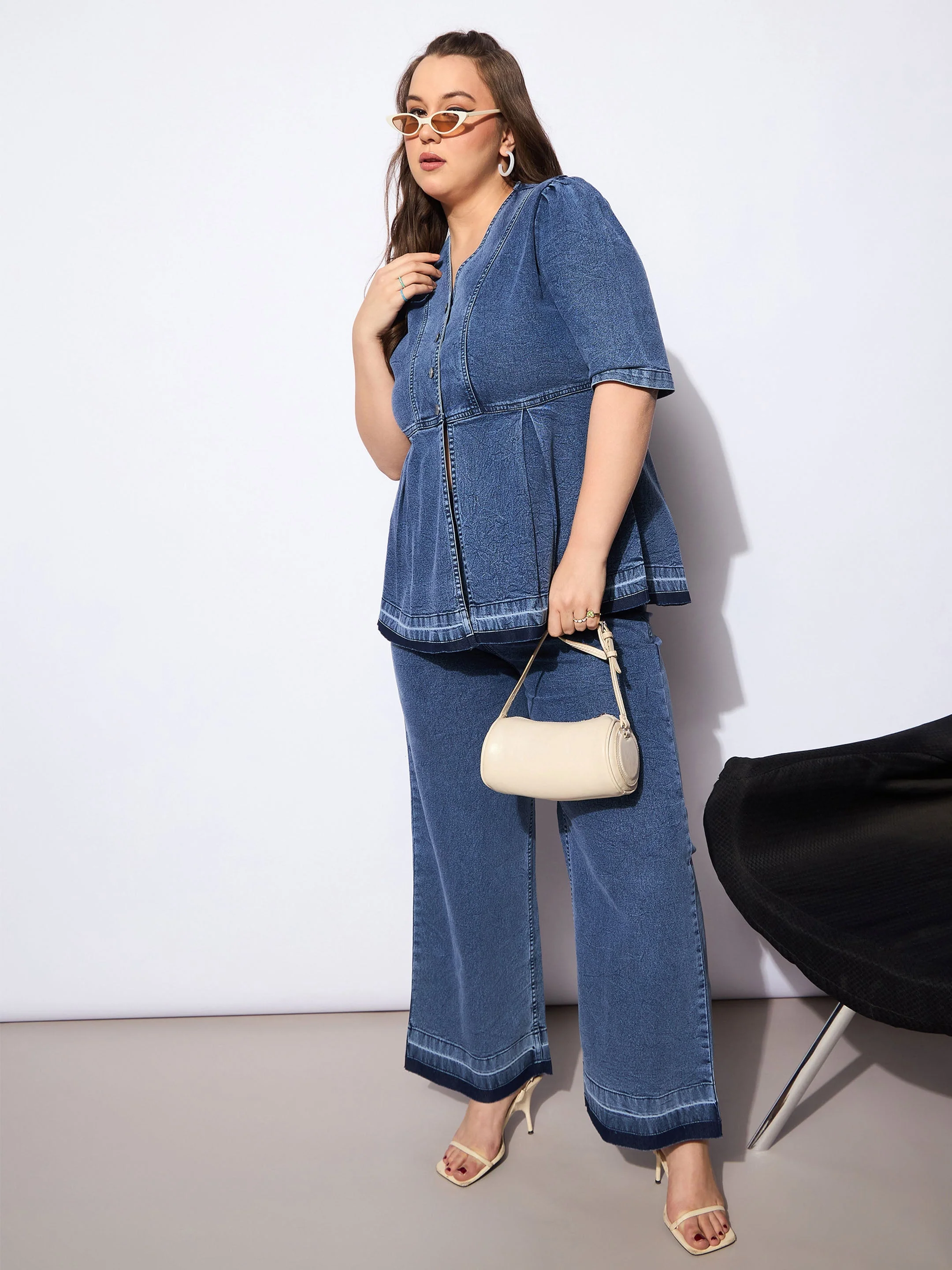 Women Blue Denim Metal Button Peplum Top With Jeans - Image 2