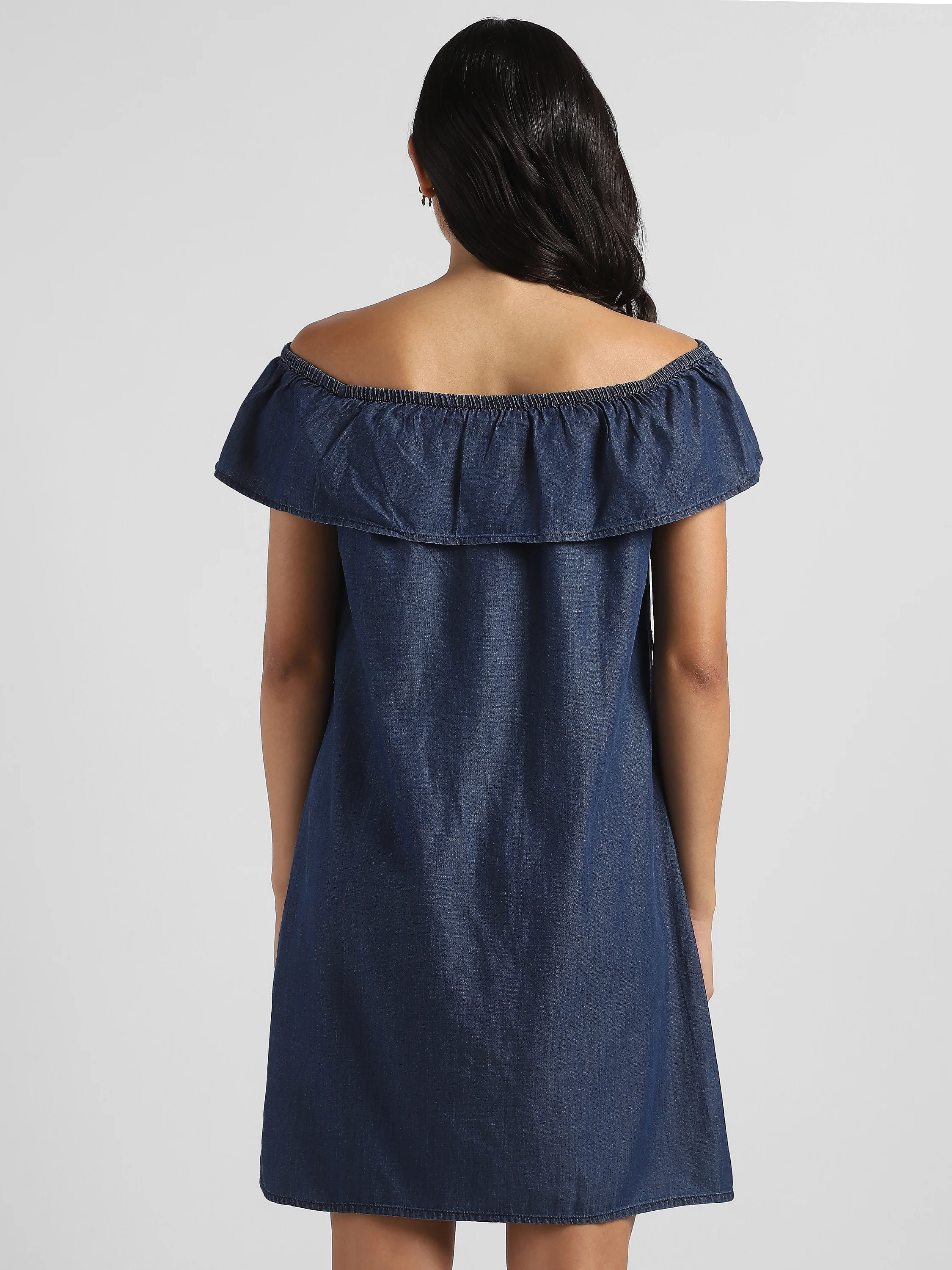 Women Blue Denim Off shoulder Dress - Image 2