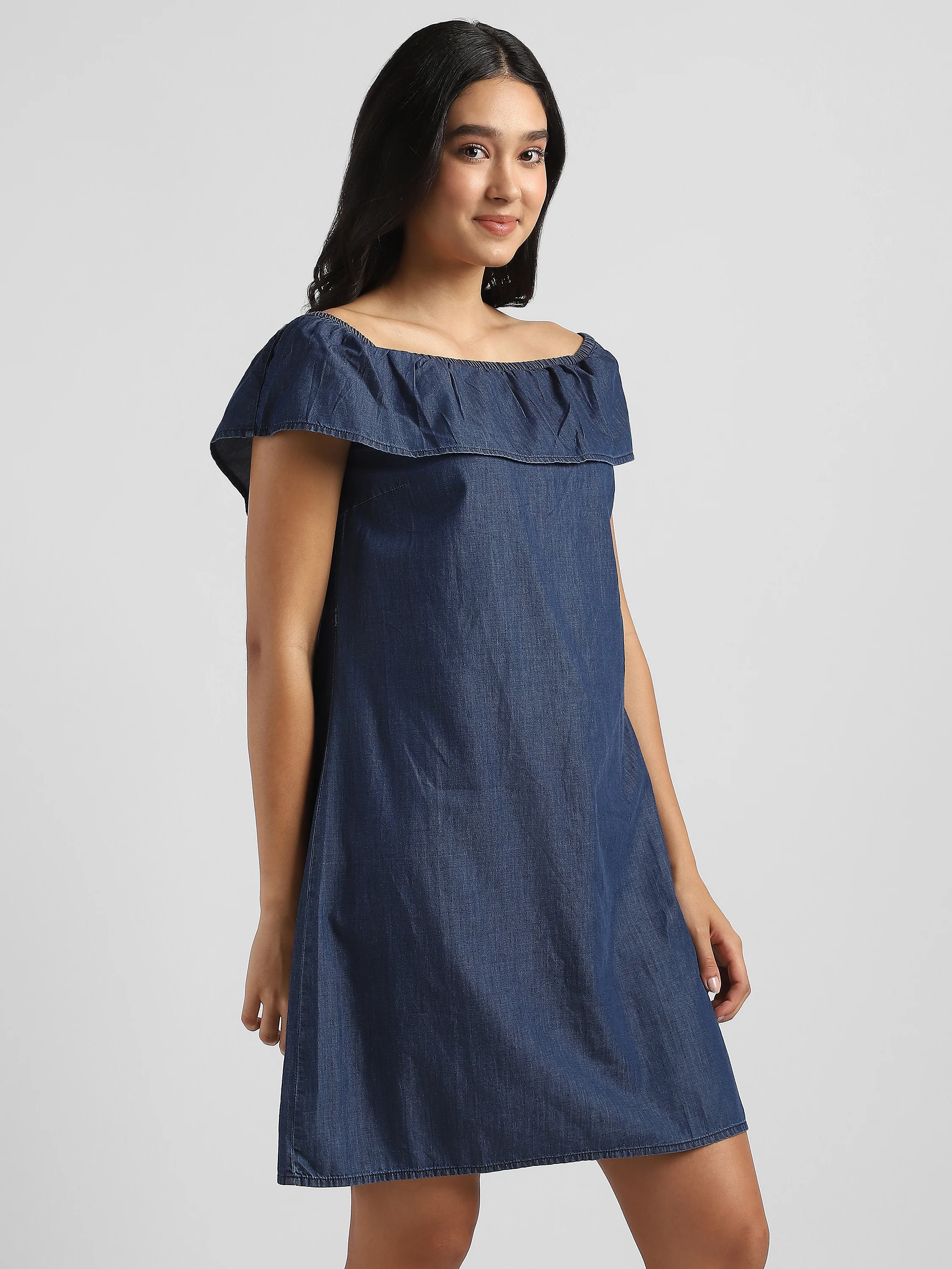 Women Blue Denim Off shoulder Dress - Image 3