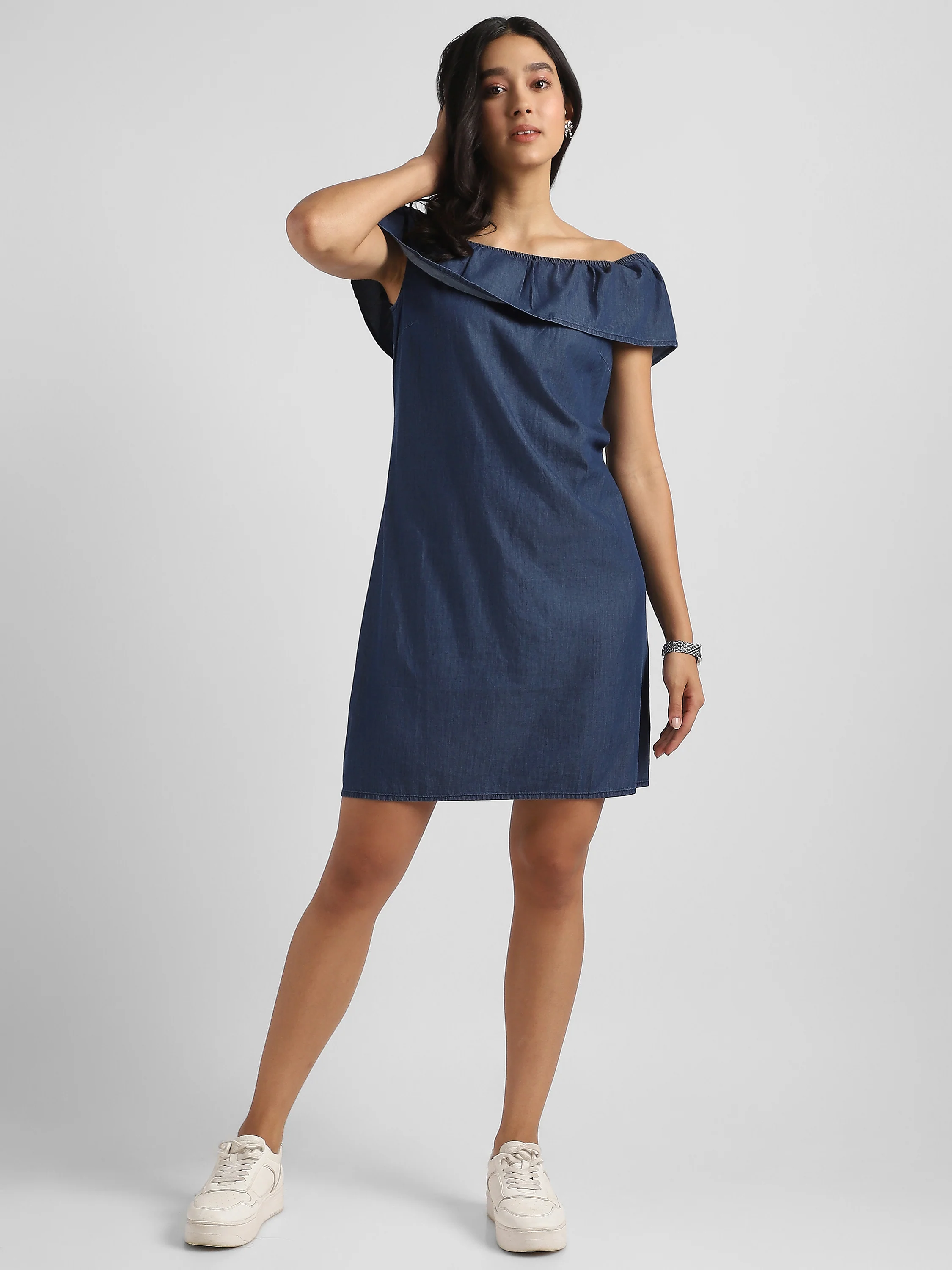Women Blue Denim Off shoulder Dress - Image 4